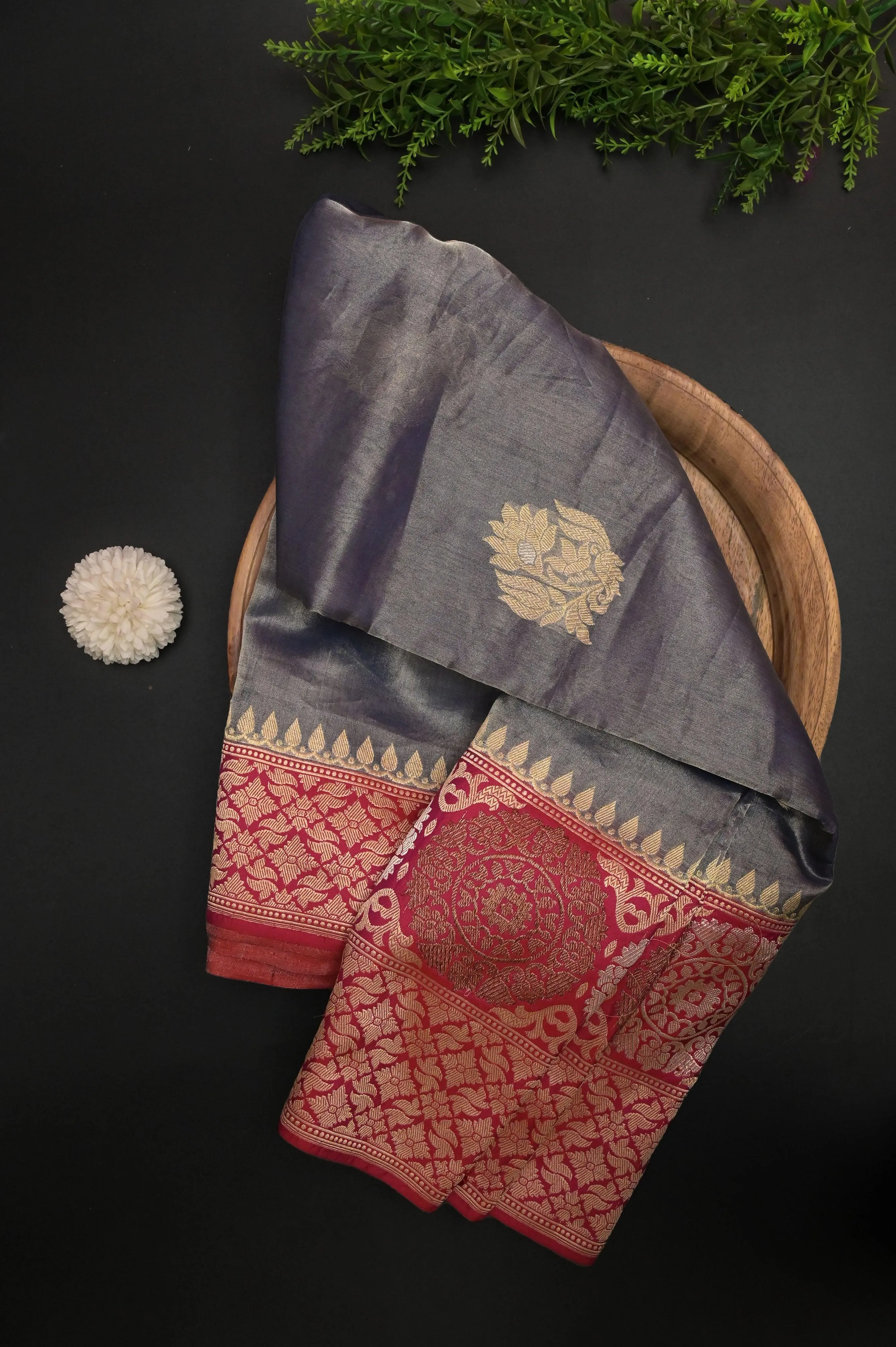 Dark Stone Gray Color Tissue Banarasi Silk Saree