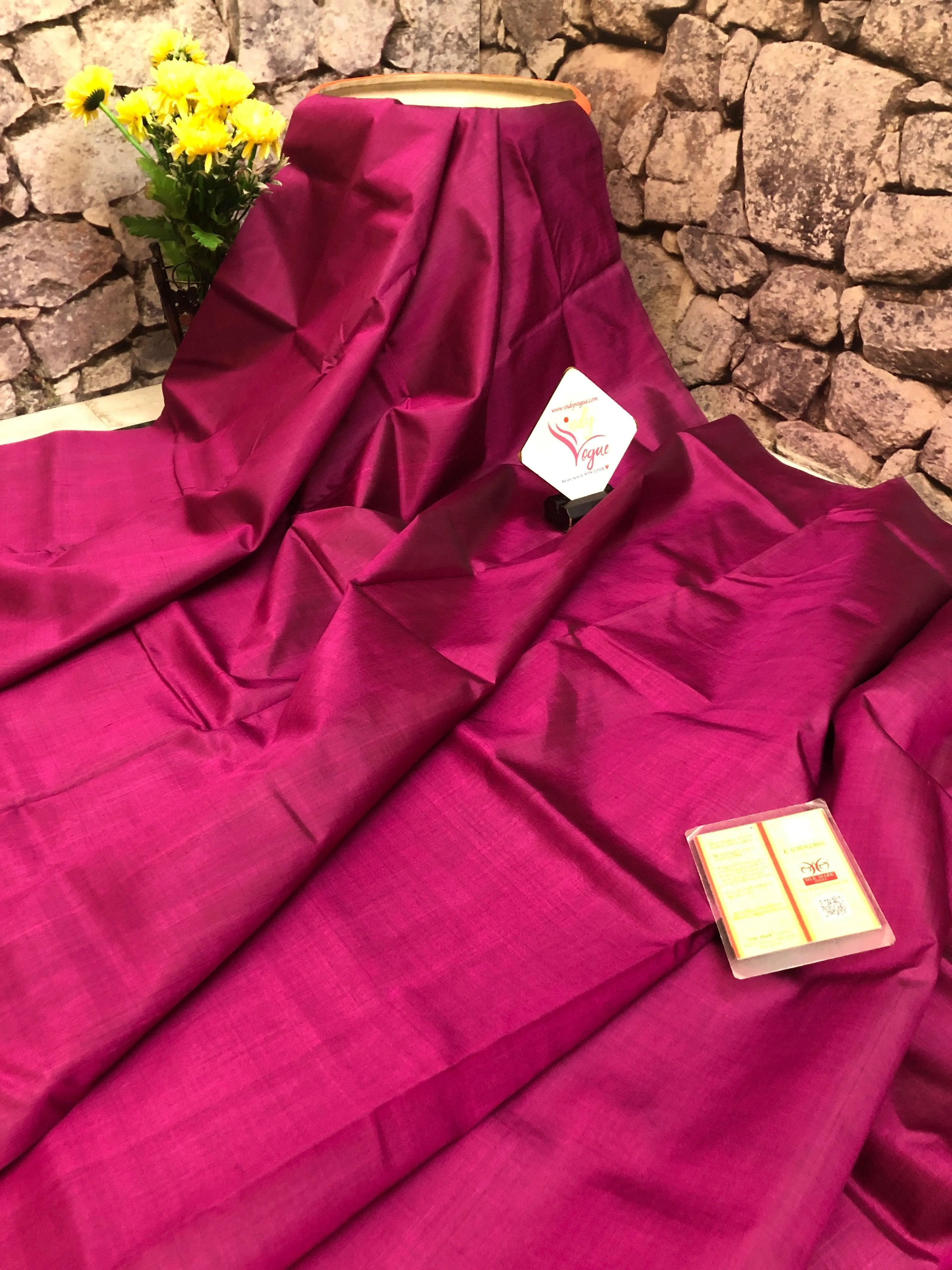 Deep Magenta Color Pure Bishnupur Silk Saree with Hand Painted Kalamkari Blouse