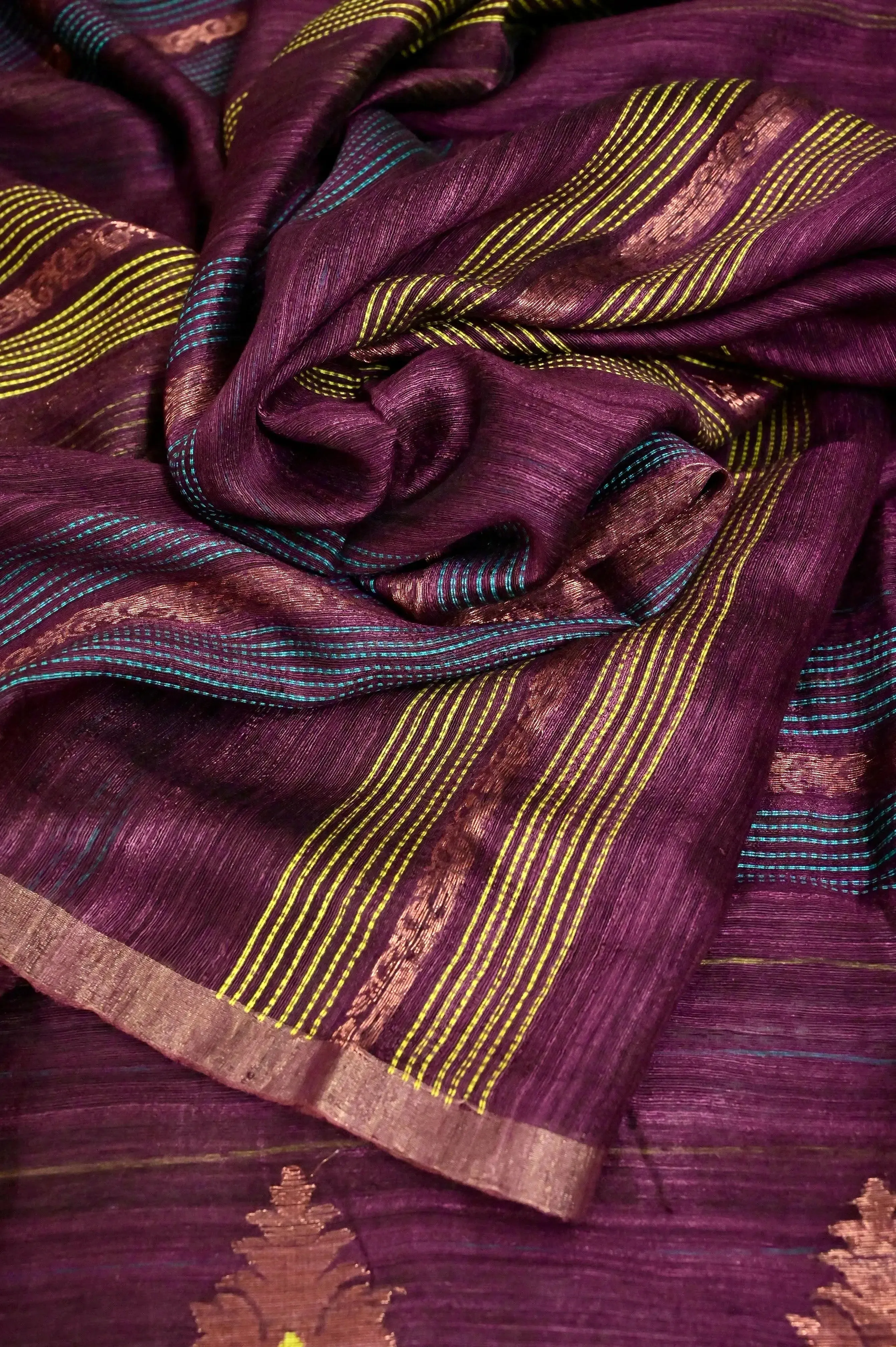 Deep Wine Color Matka Silk Saree with Copper Zari Work and Kantha Style Weaving