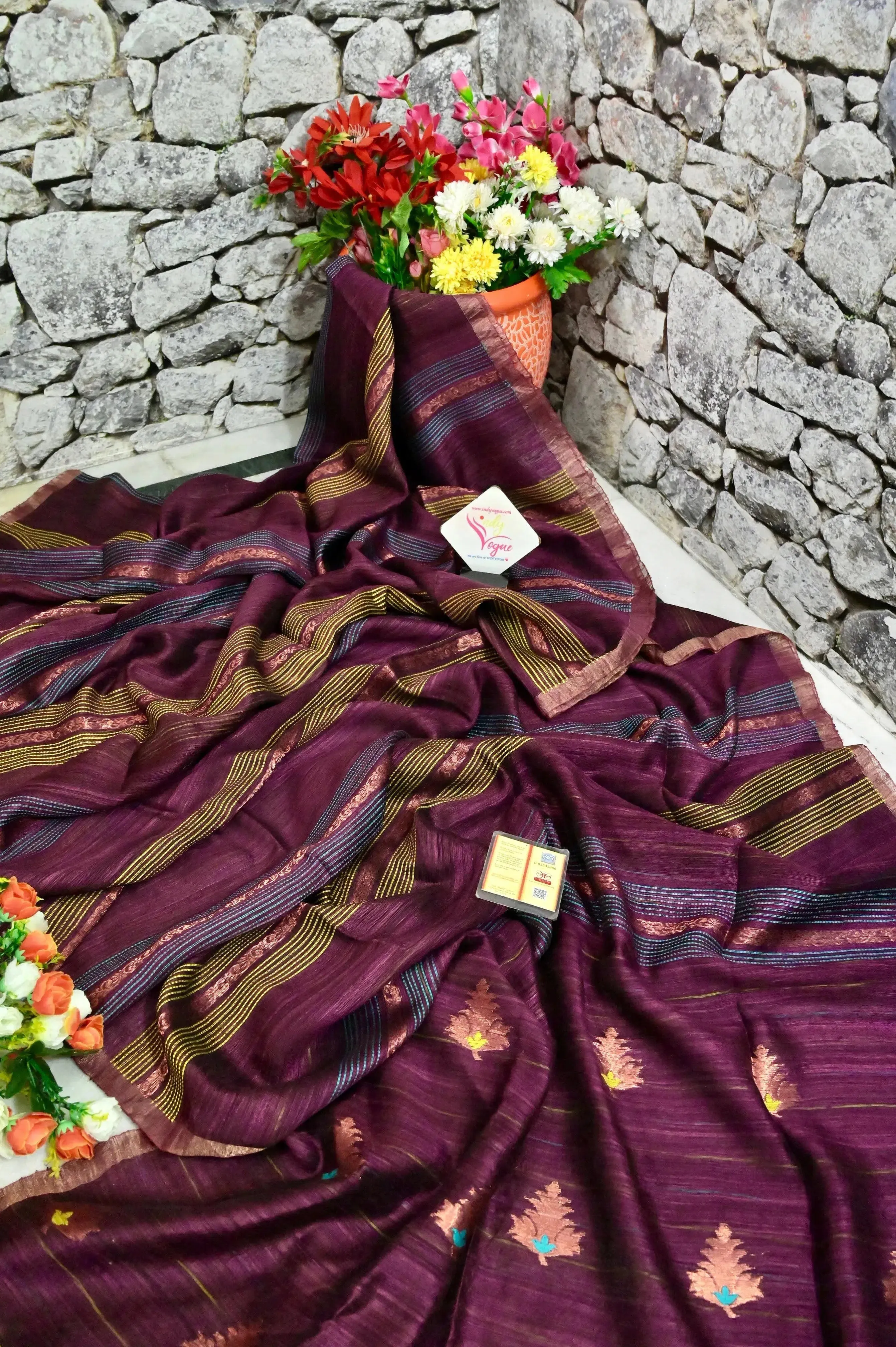 Deep Wine Color Matka Silk Saree with Copper Zari Work and Kantha Style Weaving