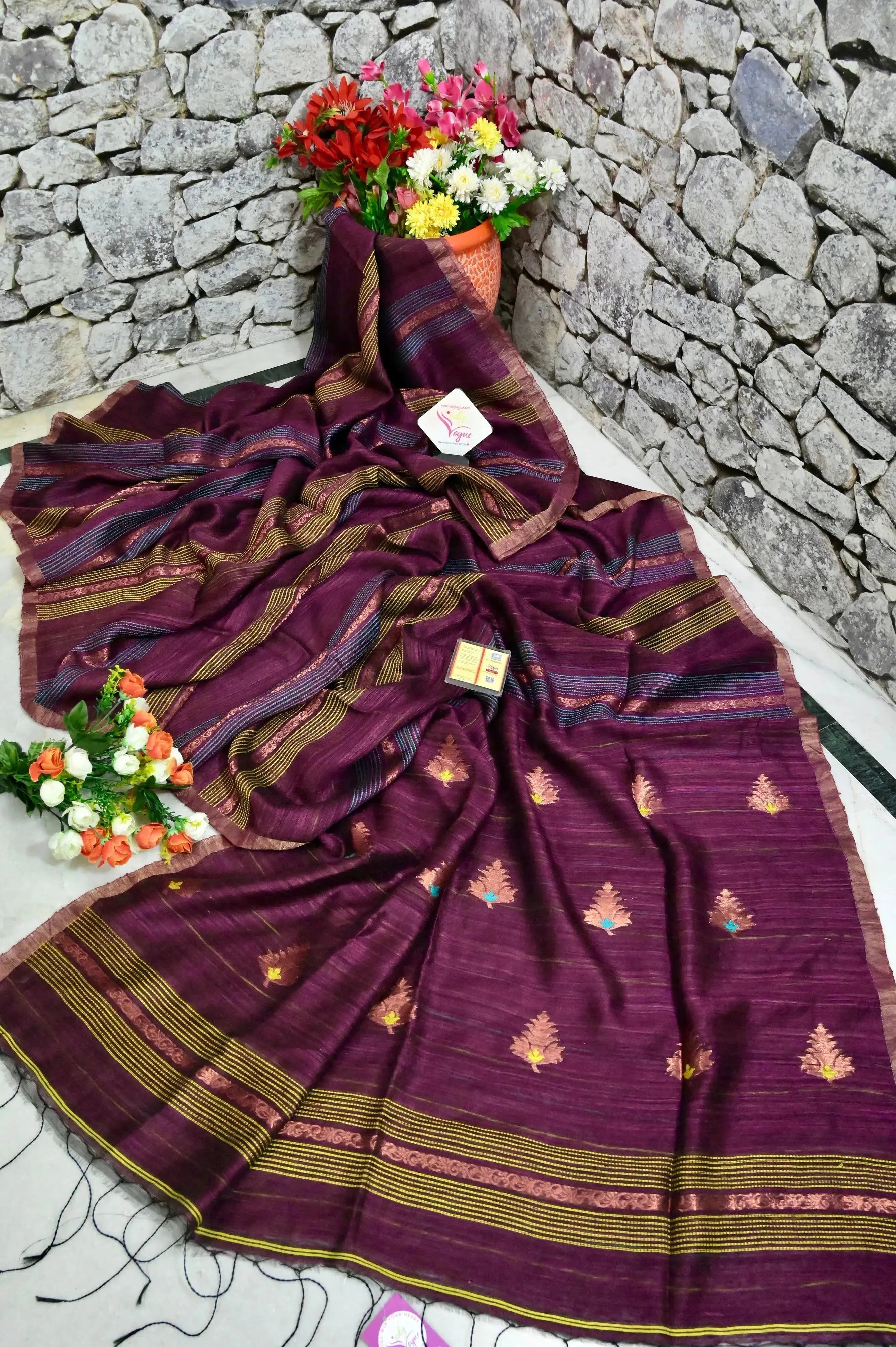 Deep Wine Color Matka Silk Saree with Copper Zari Work and Kantha Style Weaving