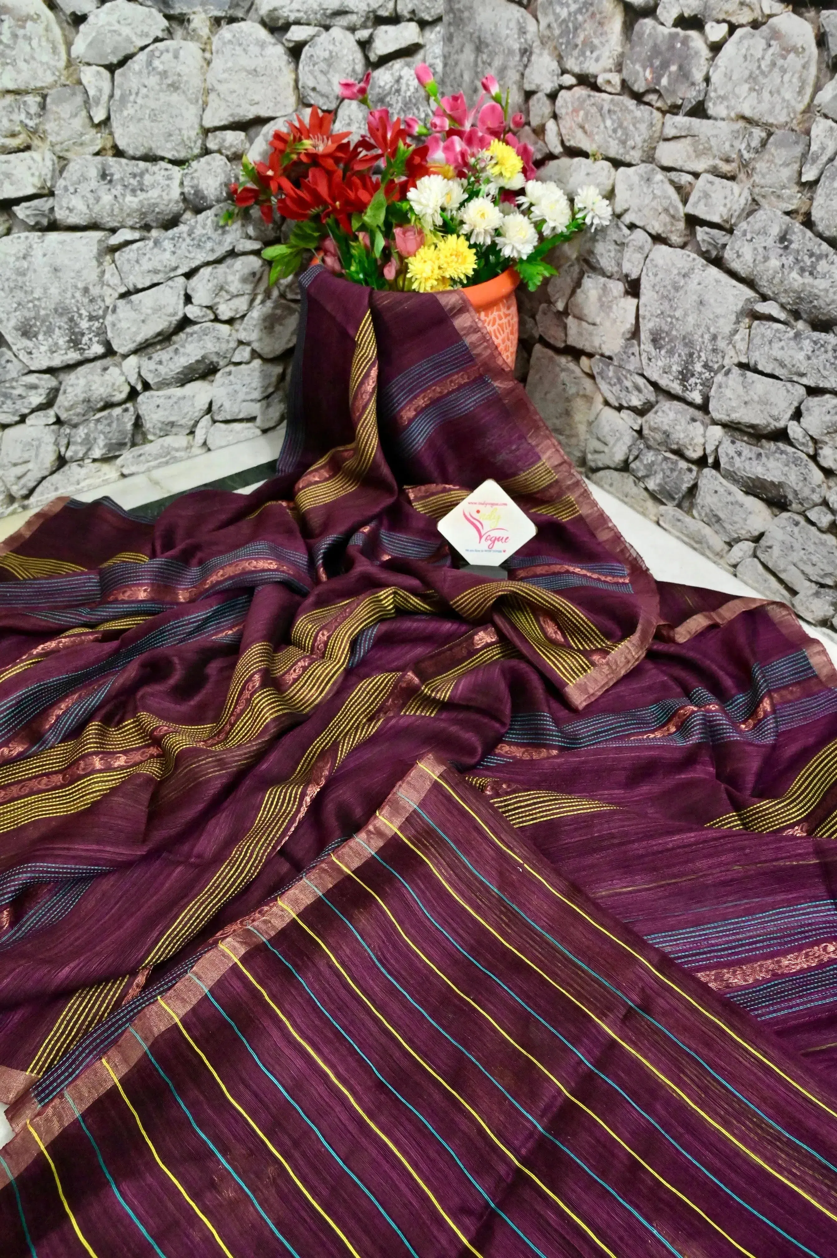 Deep Wine Color Matka Silk Saree with Copper Zari Work and Kantha Style Weaving