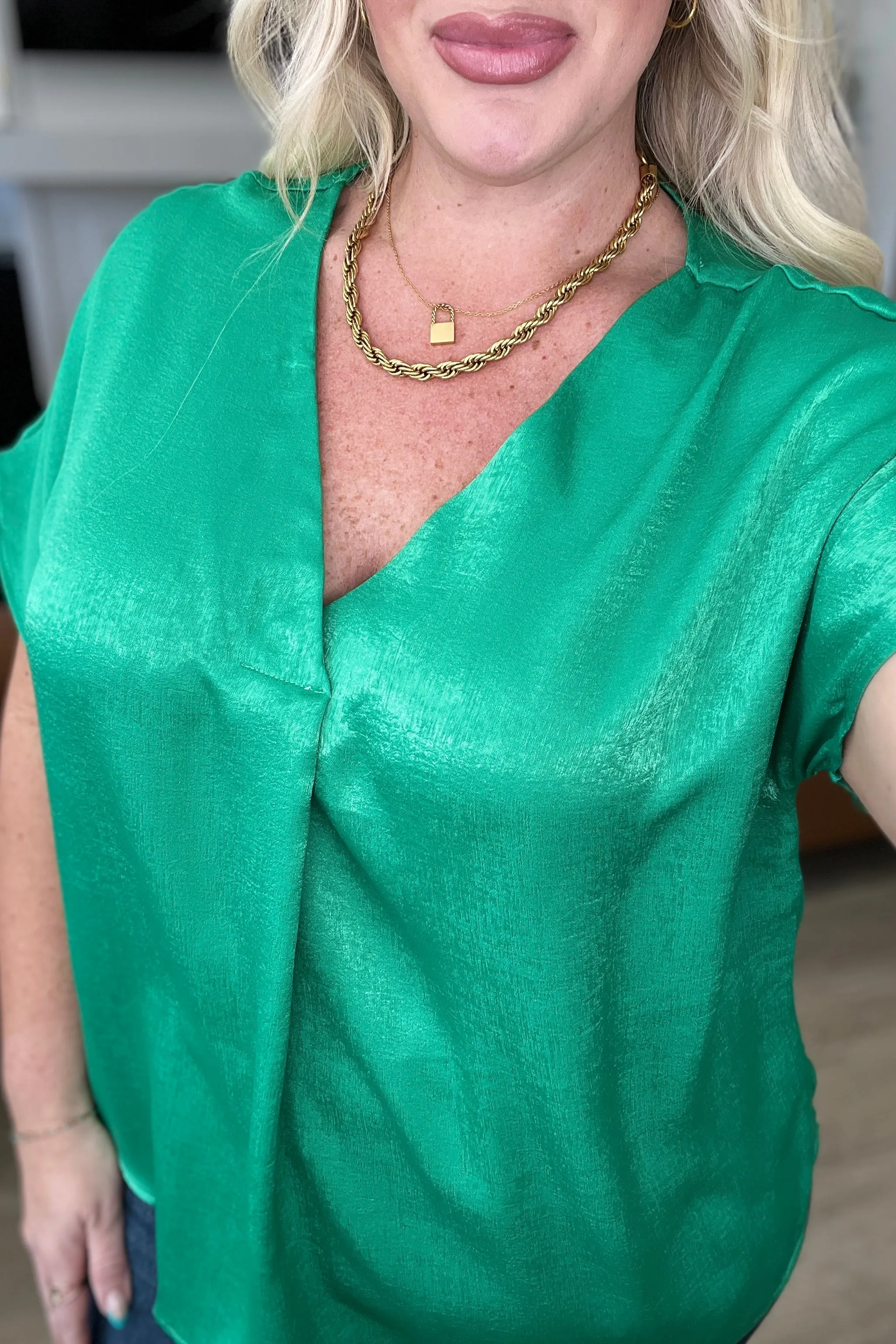 DOORBUSTER: Pleat Front V-Neck Top in Kelly Green (Ships in 1-2 Weeks)