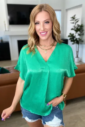 DOORBUSTER: Pleat Front V-Neck Top in Kelly Green (Ships in 1-2 Weeks)