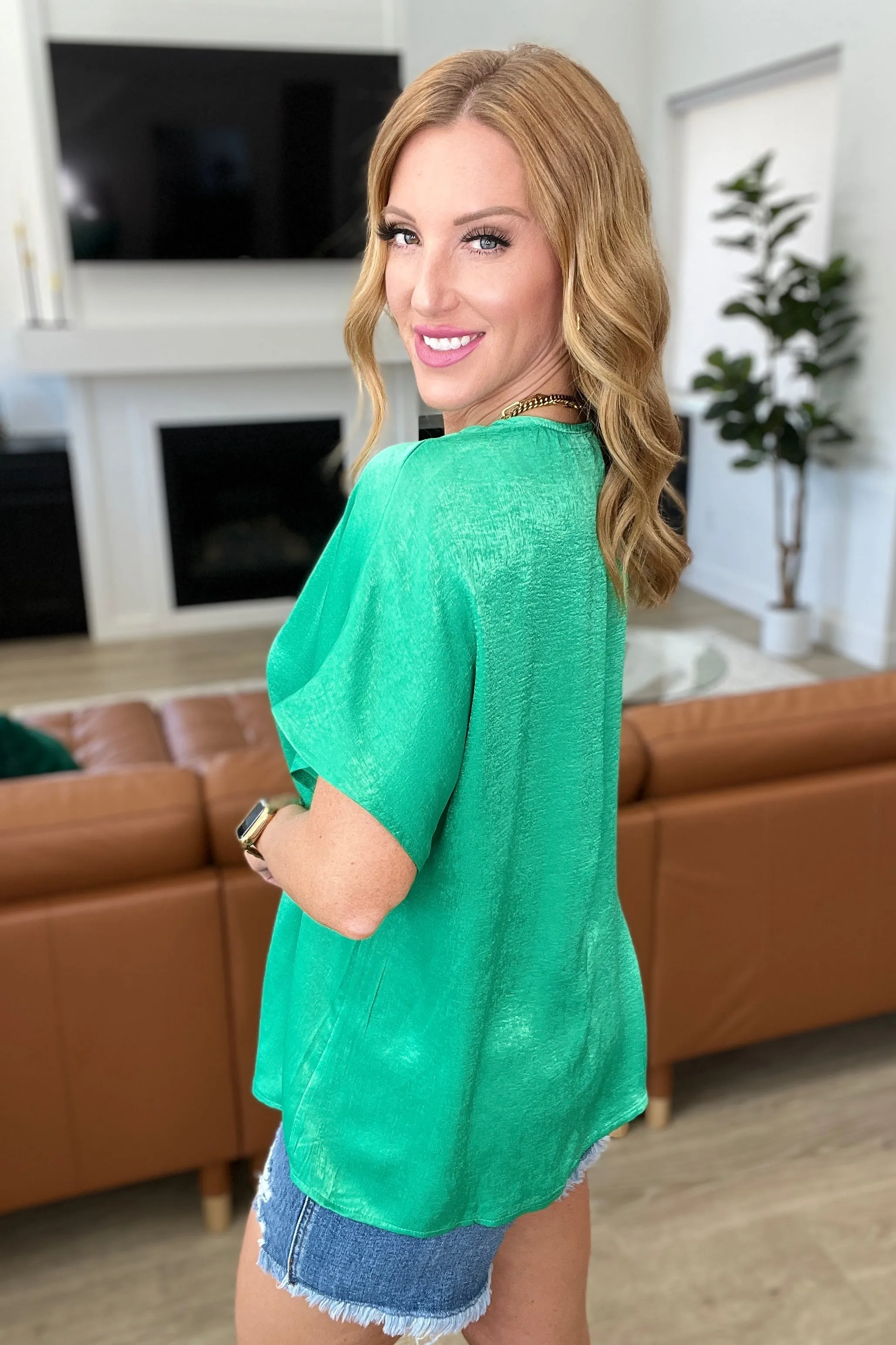 DOORBUSTER: Pleat Front V-Neck Top in Kelly Green (Ships in 1-2 Weeks)