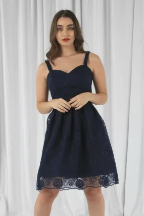 Double Second Navy Embroidered Lace Skater Dress