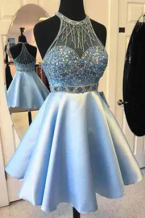 Elegant A-line Jewel Short Halter Sleeveless Satin Beads Light Blue Short Prom Dresses