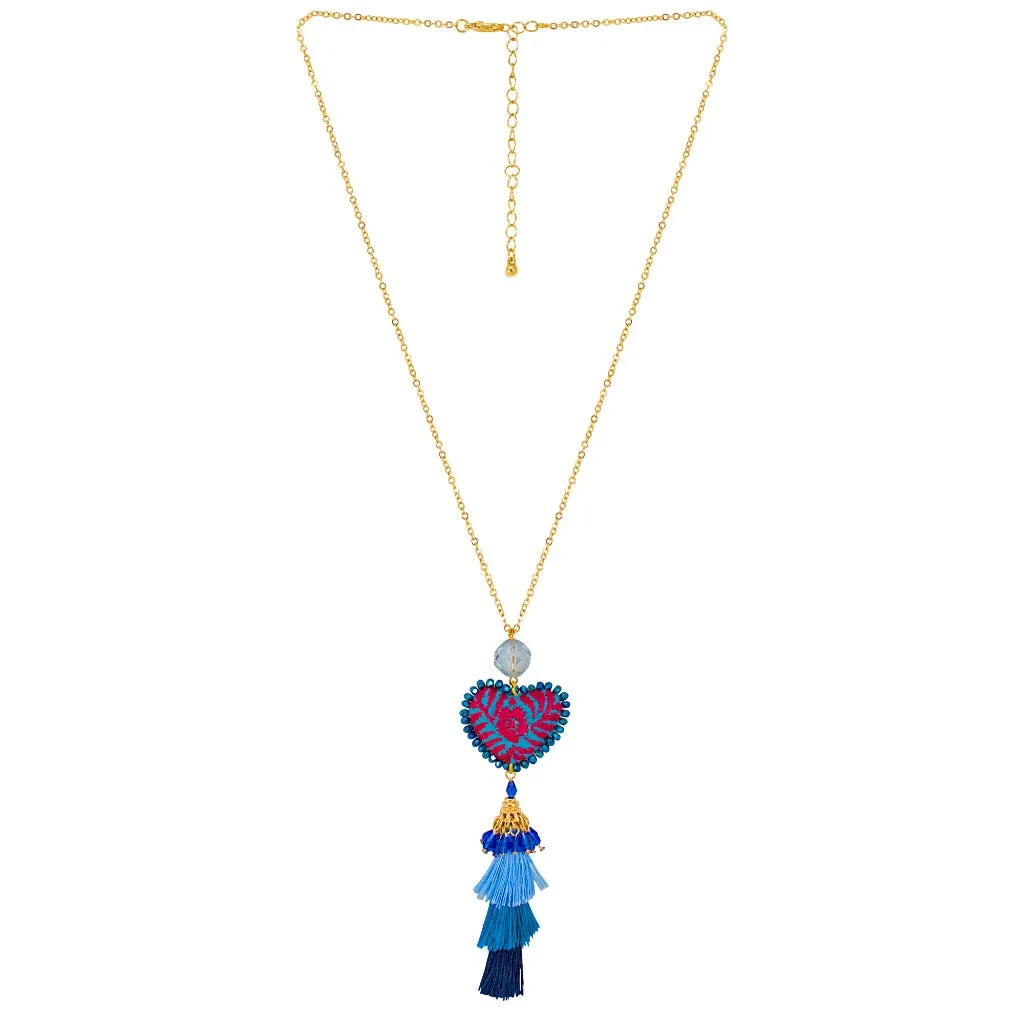 Embroidered Heart Mexican Drop Necklace with Tassel