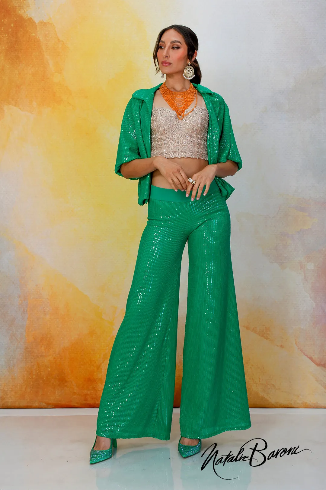 Emerald Green Sequin Crop Jacket - La Scala