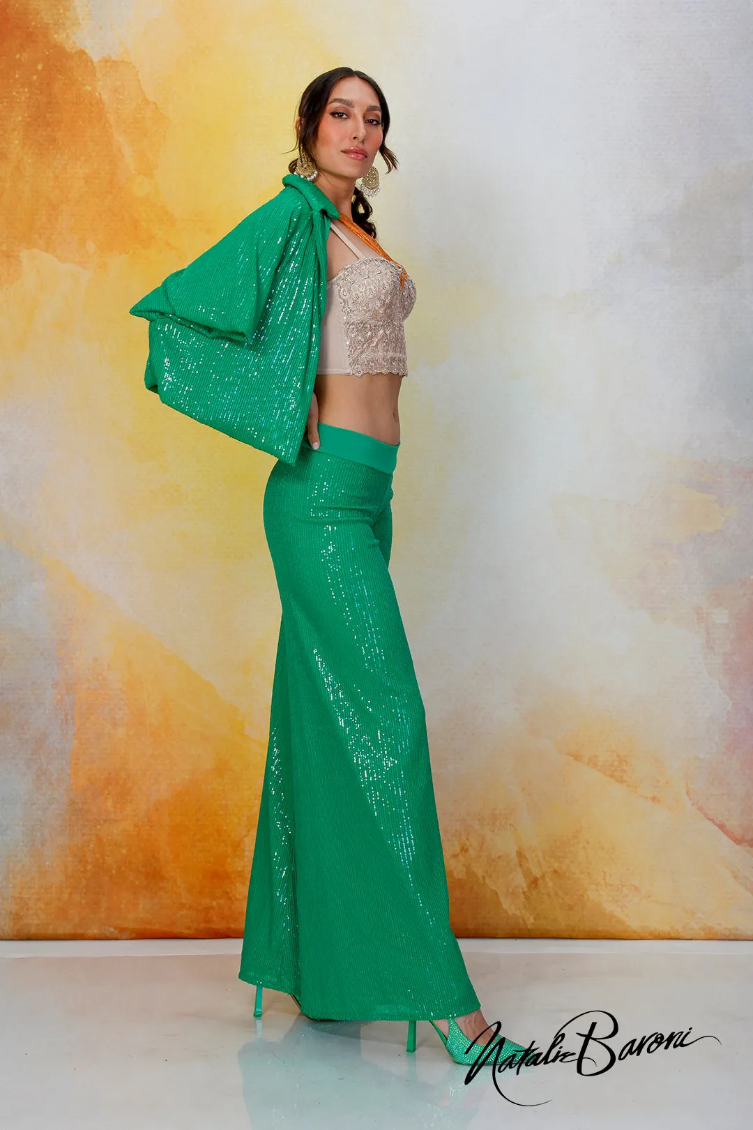 Emerald Green Sequin Crop Jacket - La Scala