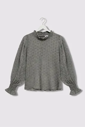 Emphatic Black Gingham Crinkle Shirred Neck Ls Top