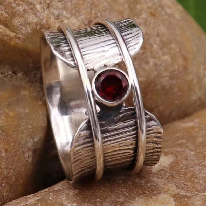 Garnet Spinner Boho Anxiety 925 Silver Ring, Meditation, Worry, Gift For Her