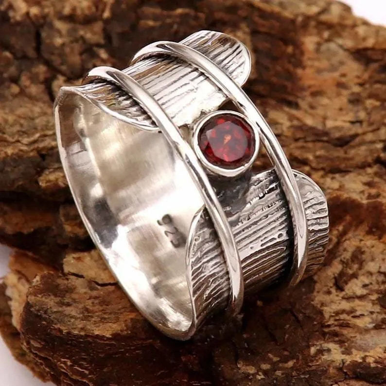 Garnet Spinner Boho Anxiety 925 Silver Ring, Meditation, Worry, Gift For Her