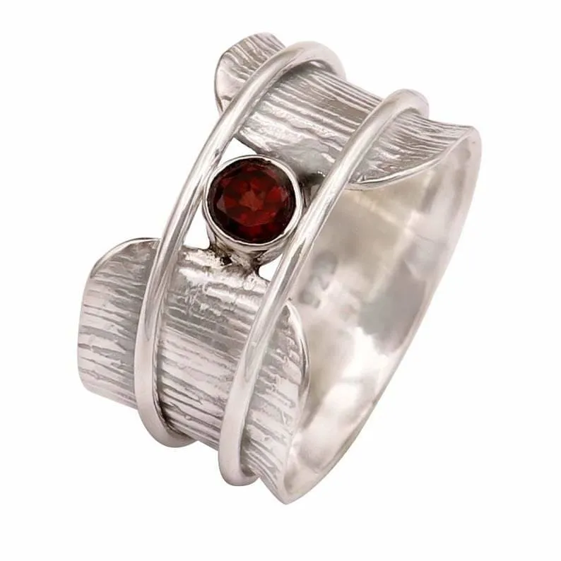 Garnet Spinner Boho Anxiety 925 Silver Ring, Meditation, Worry, Gift For Her