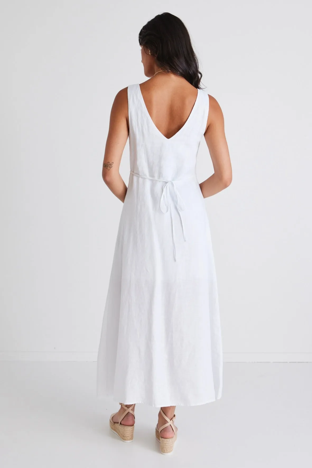 Girl Next Door White Linen Sleeveless Button Front Midi Dress