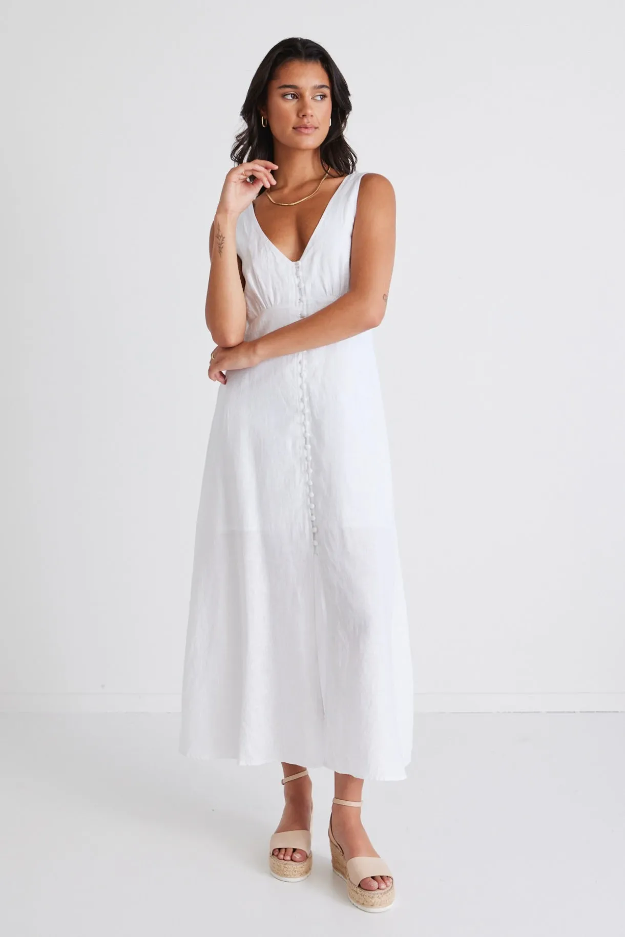 Girl Next Door White Linen Sleeveless Button Front Midi Dress