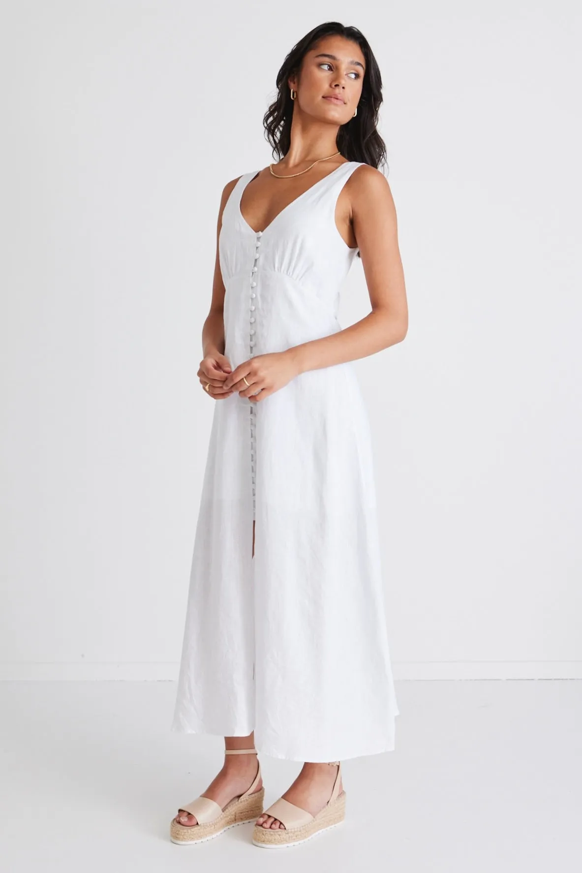 Girl Next Door White Linen Sleeveless Button Front Midi Dress