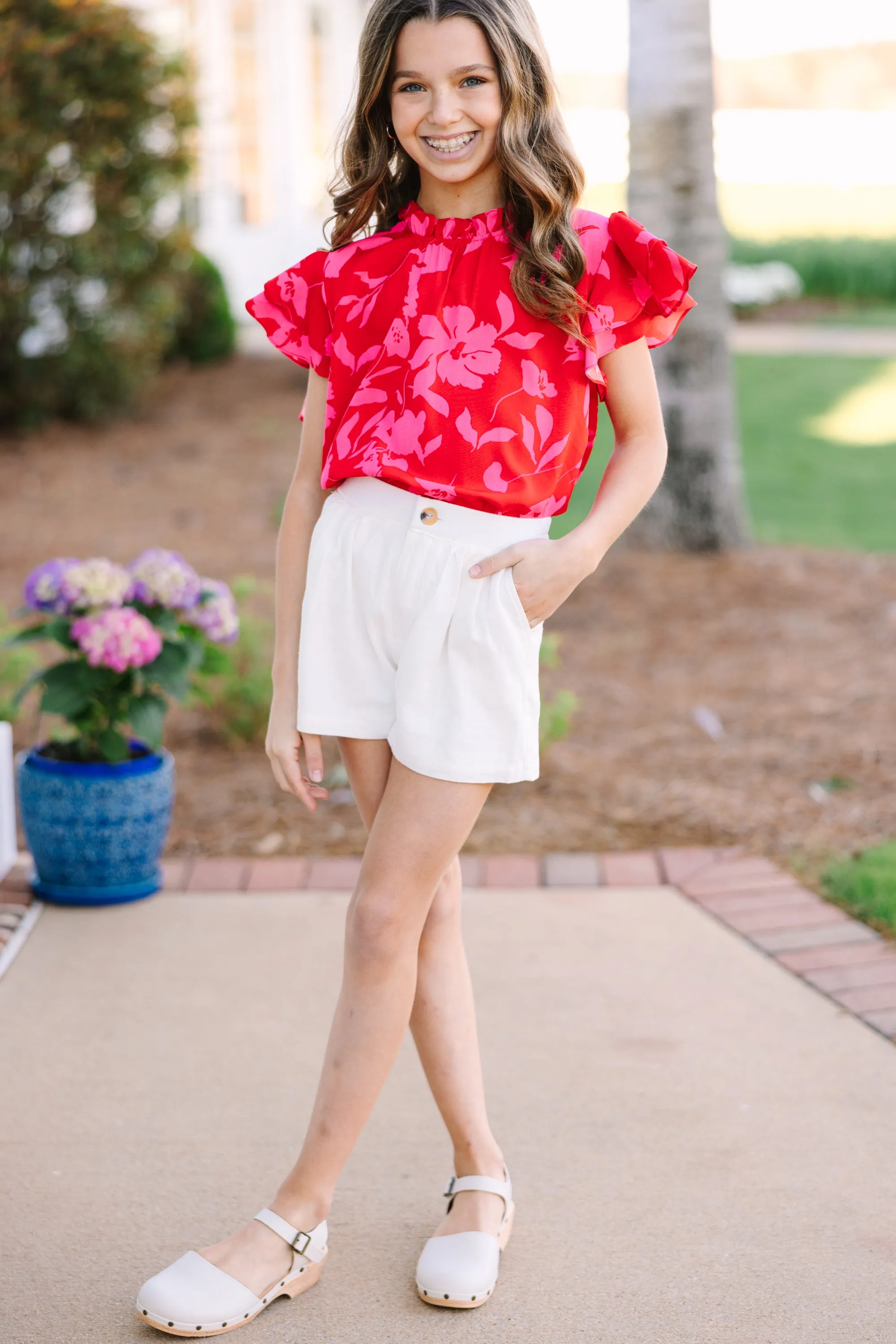 Girls: On My Heart Red Floral Blouse