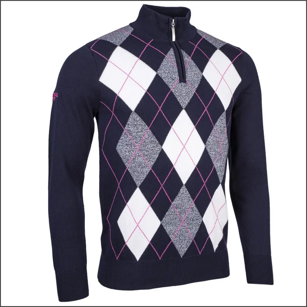 Glenmuir Lauder Quarter Zip Diamond Argyle Cotton Sweater.