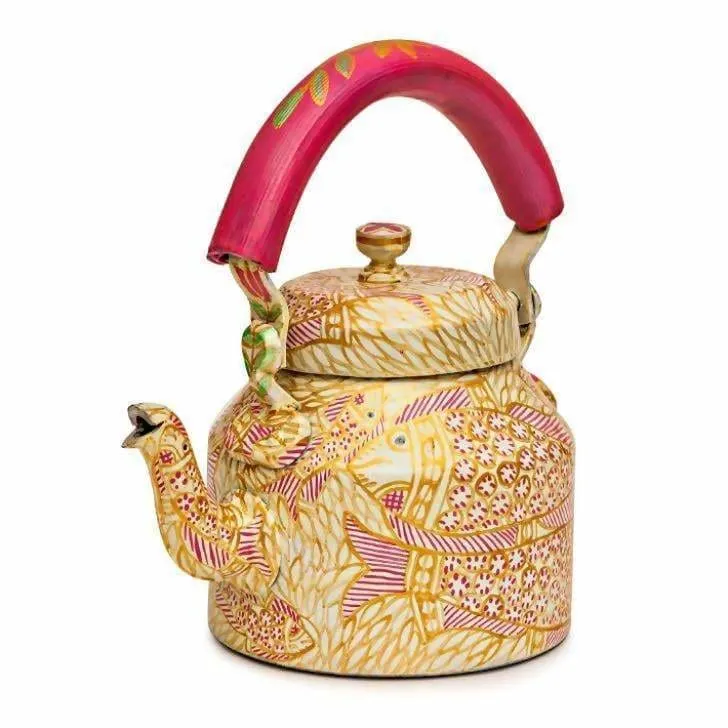 Gold Hand Painted Fish Design Tea Pot in Aluminum