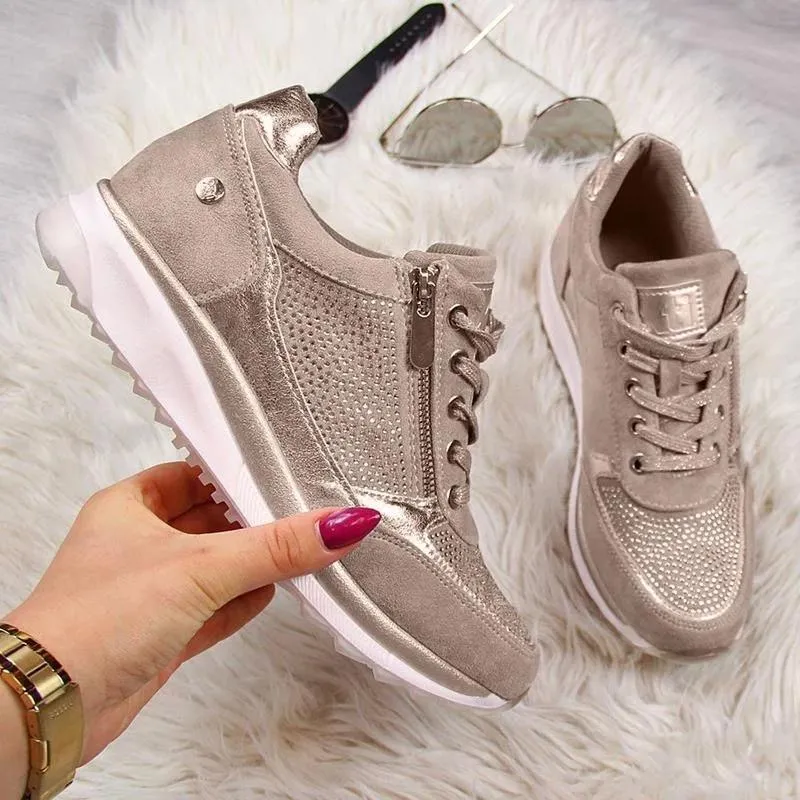 Gold Zipper Platform Casual Lace Up Sneakers