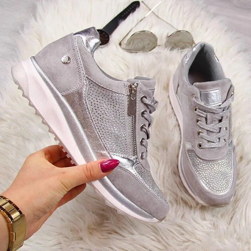 Gold Zipper Platform Casual Lace Up Sneakers