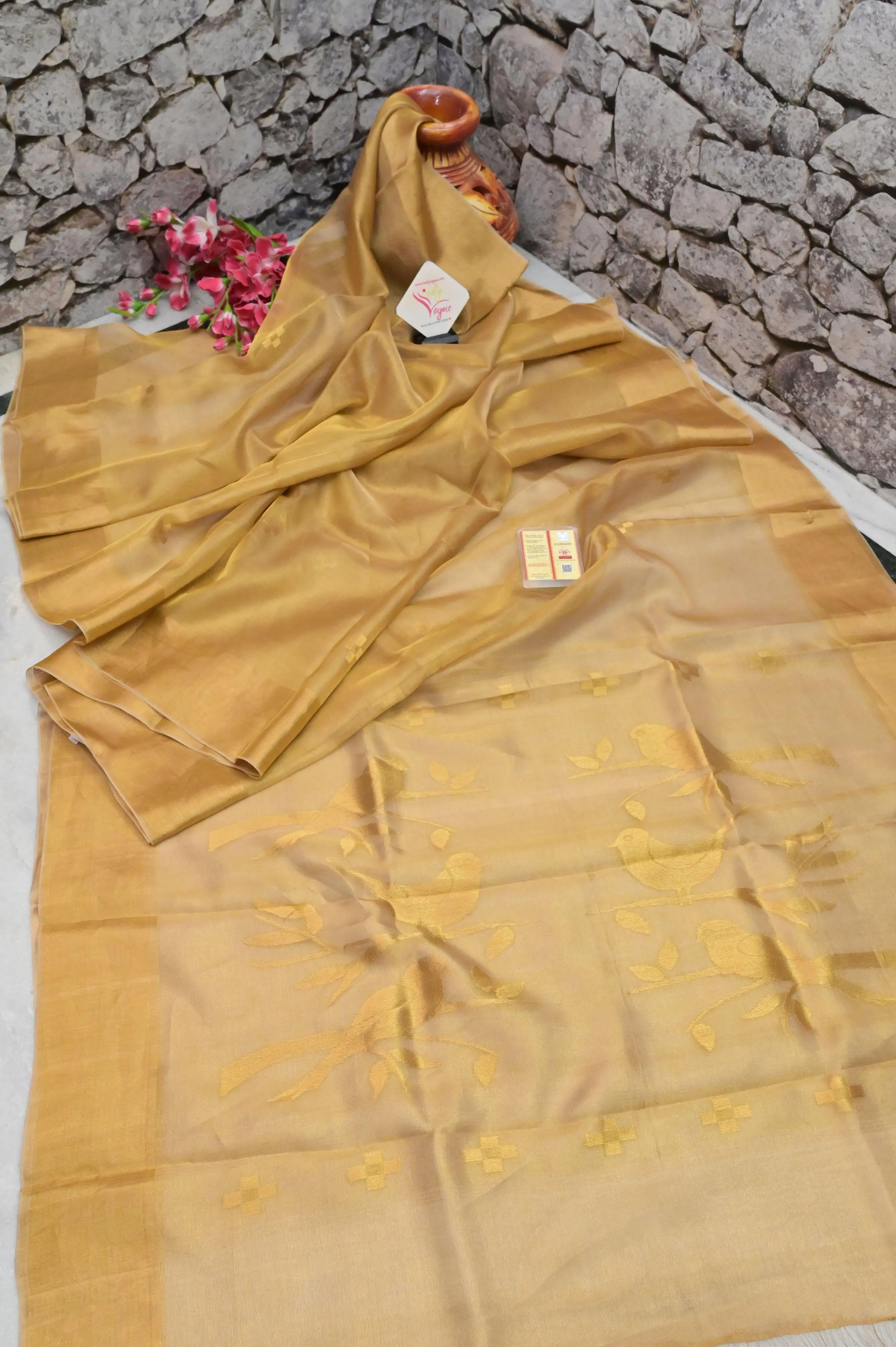 Golden Color Tissue Silk Saree with Fine Meenakari Work