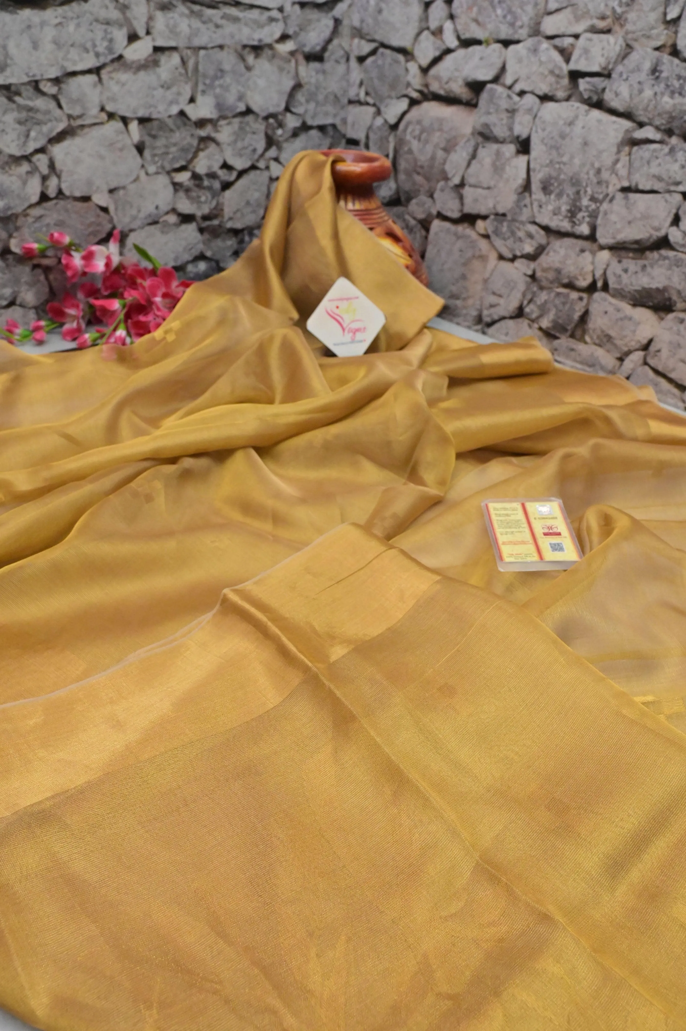 Golden Color Tissue Silk Saree with Fine Meenakari Work