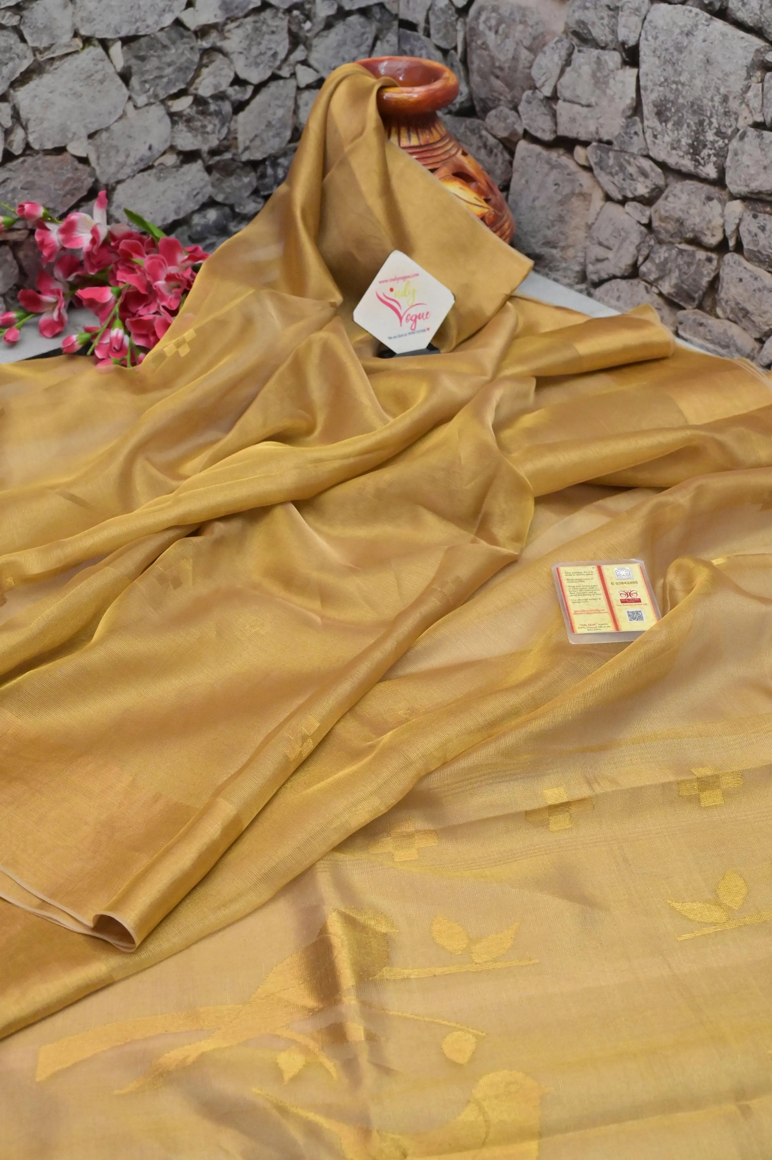 Golden Color Tissue Silk Saree with Fine Meenakari Work