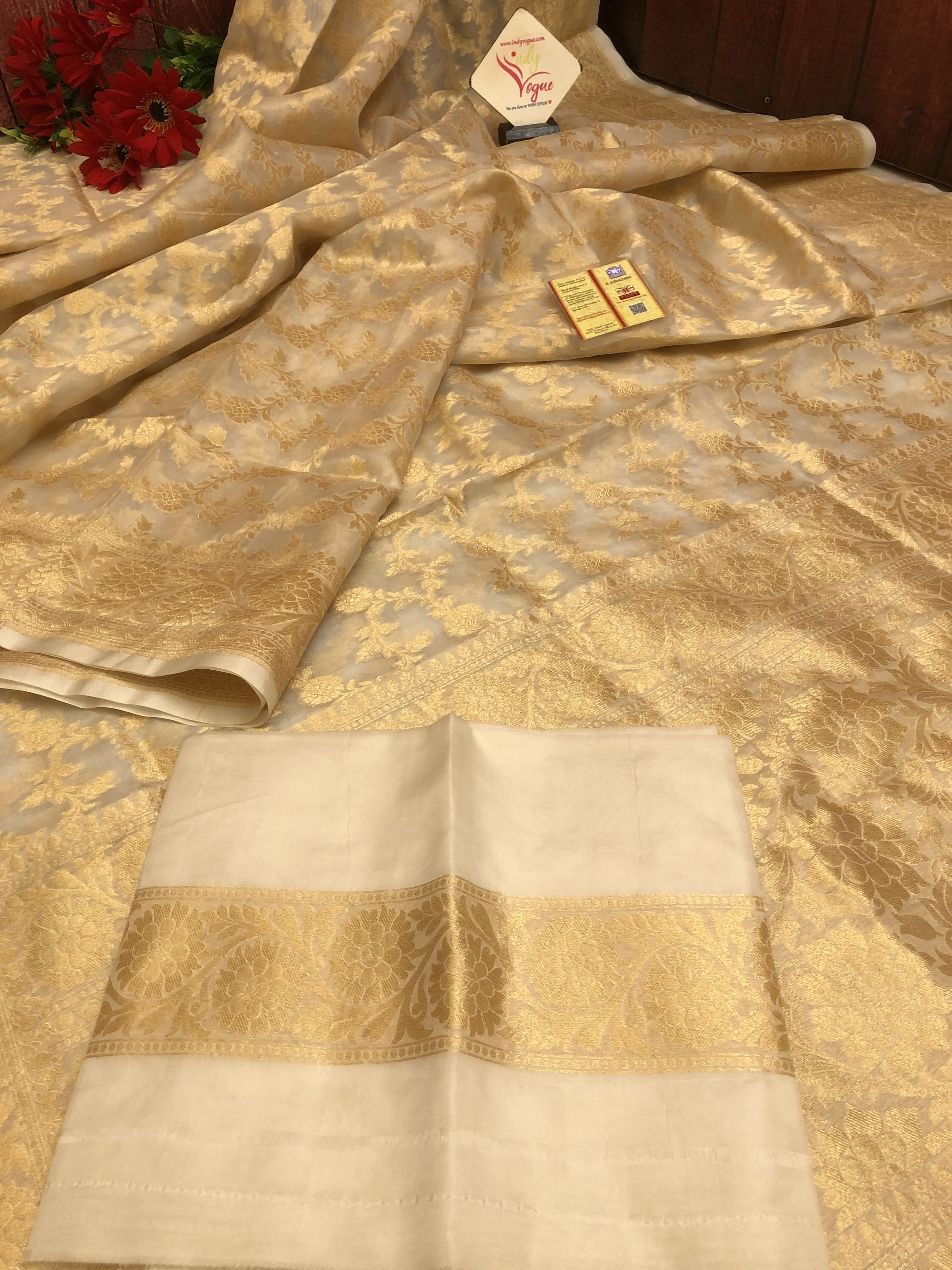 Golden Offwhite Color Organza Banarasi Saree