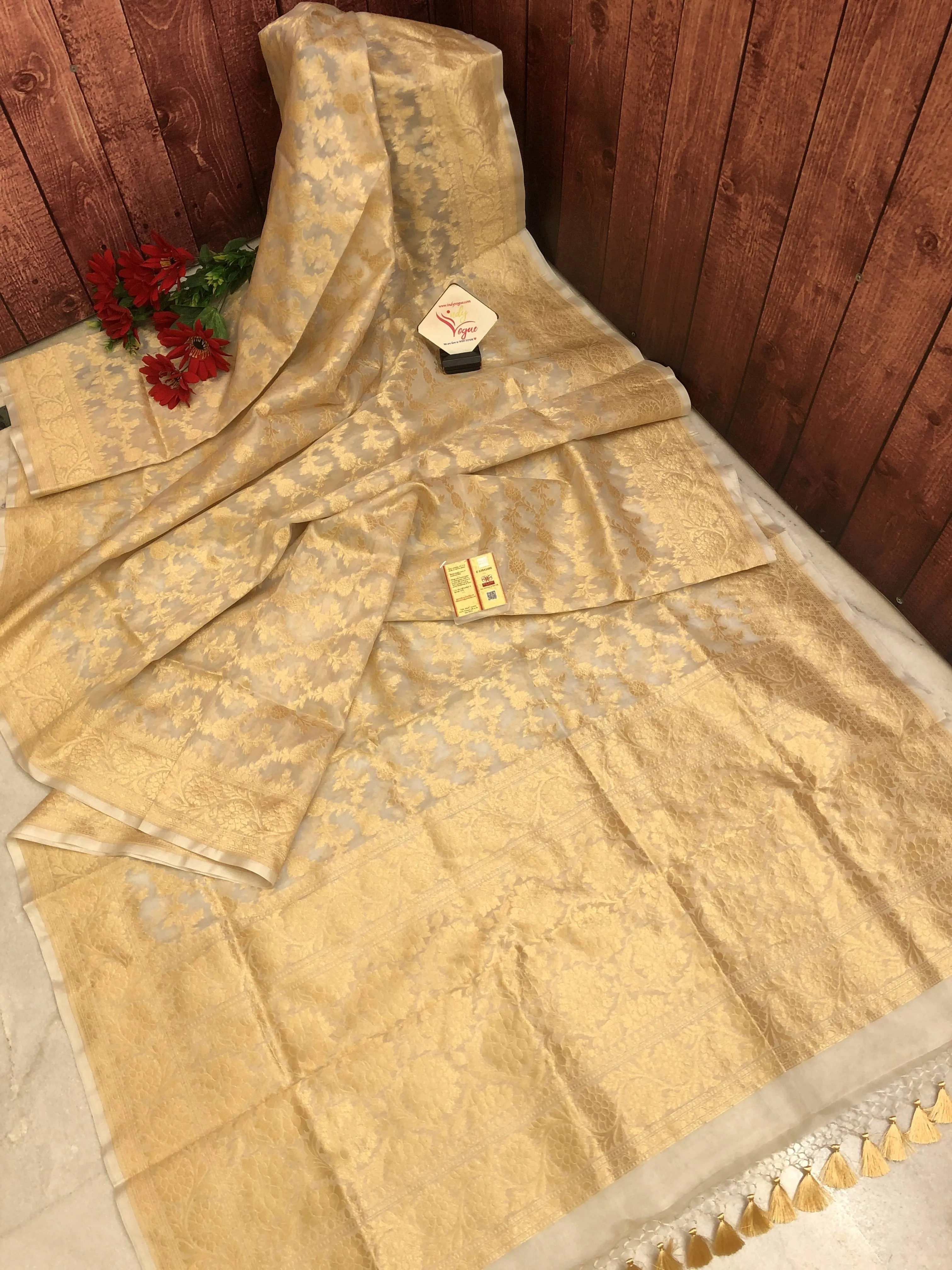 Golden Offwhite Color Organza Banarasi Saree