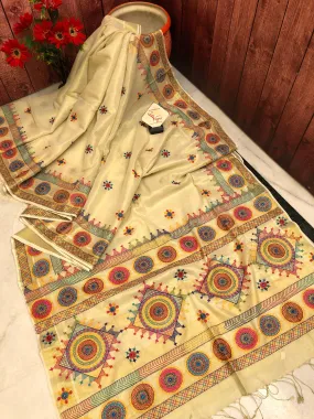 Golden Offwhite Color Tissue Cotton Designer Saree with Lambani Embroidery