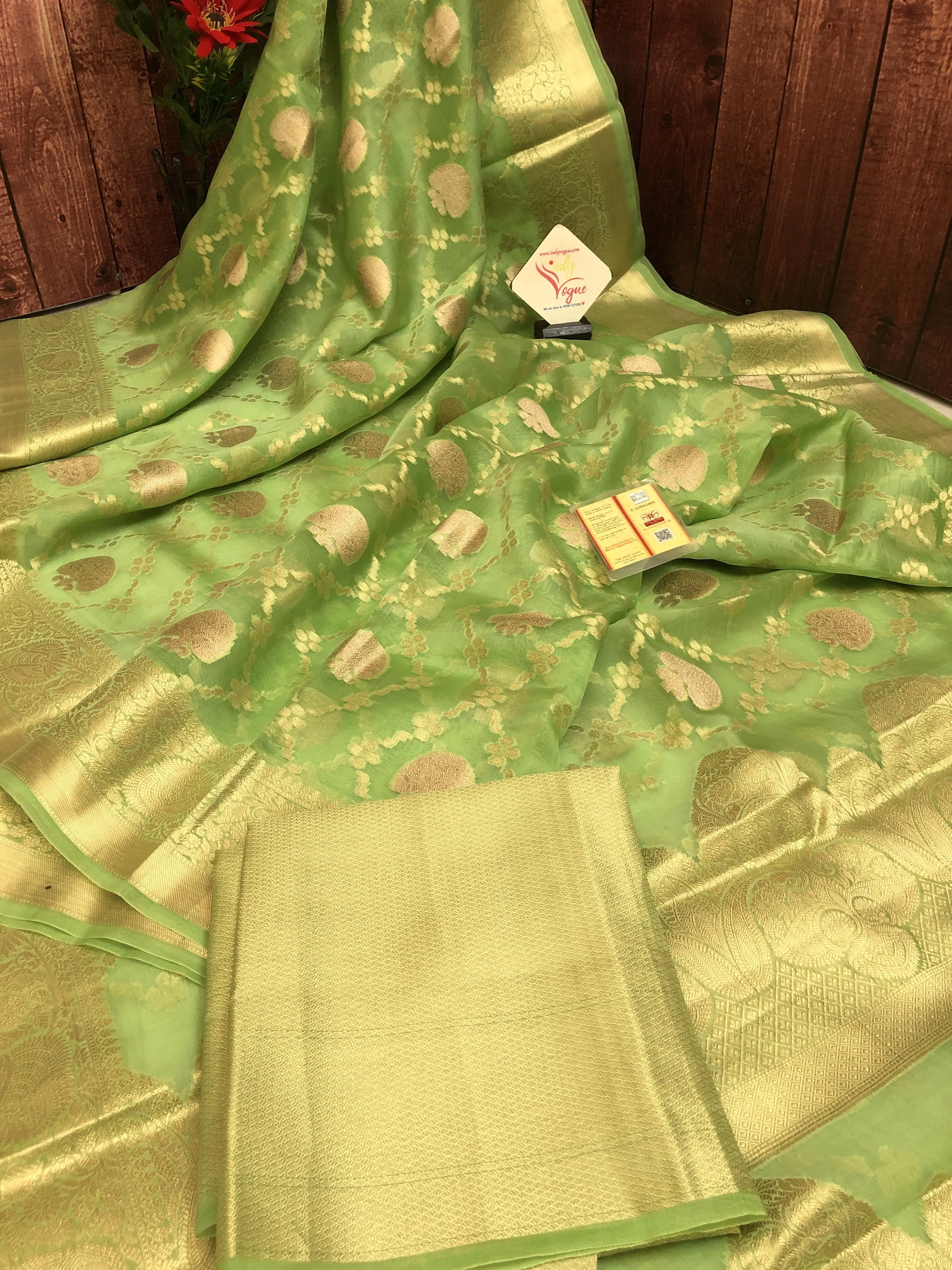 Green & Golden Color Kora Organza Saree