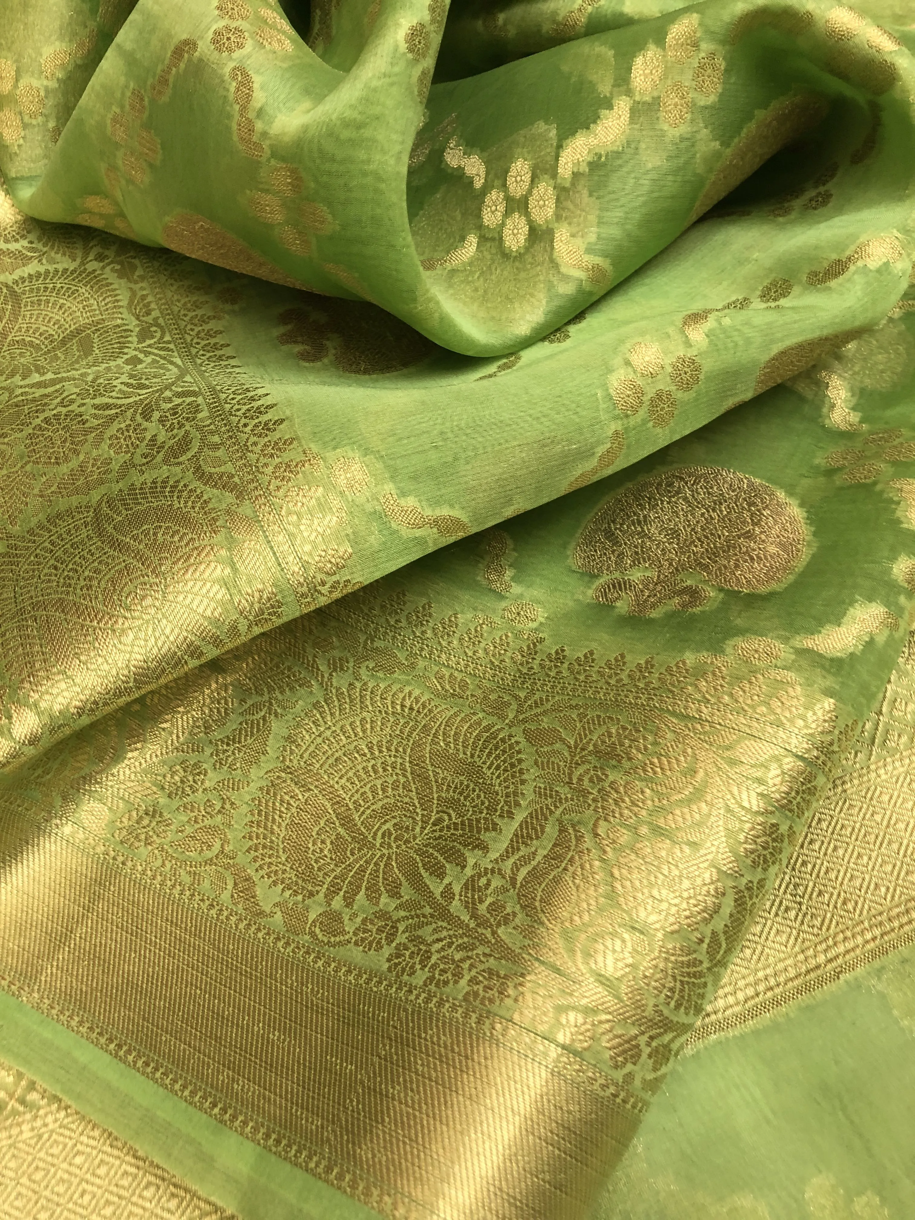 Green & Golden Color Kora Organza Saree