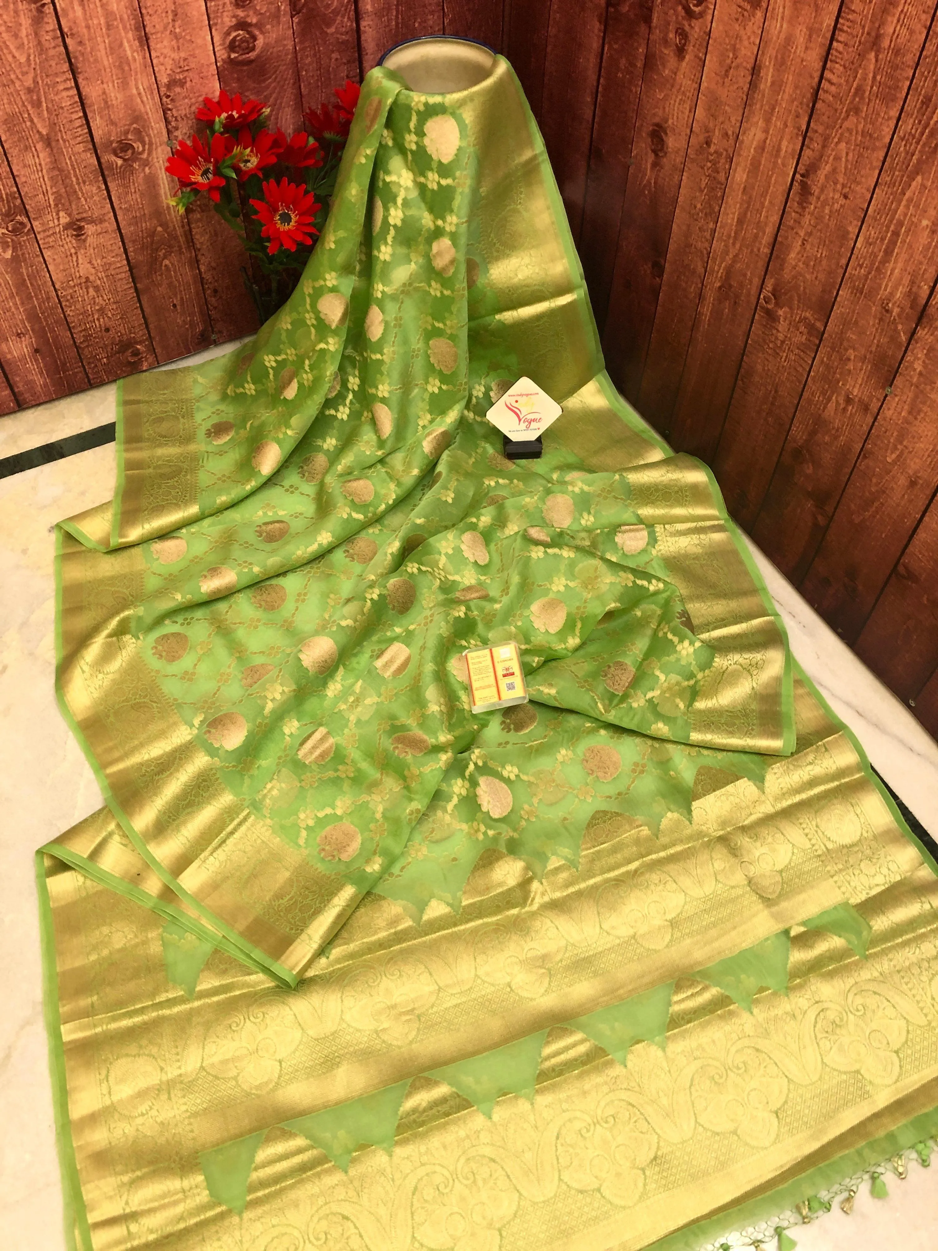 Green & Golden Color Kora Organza Saree