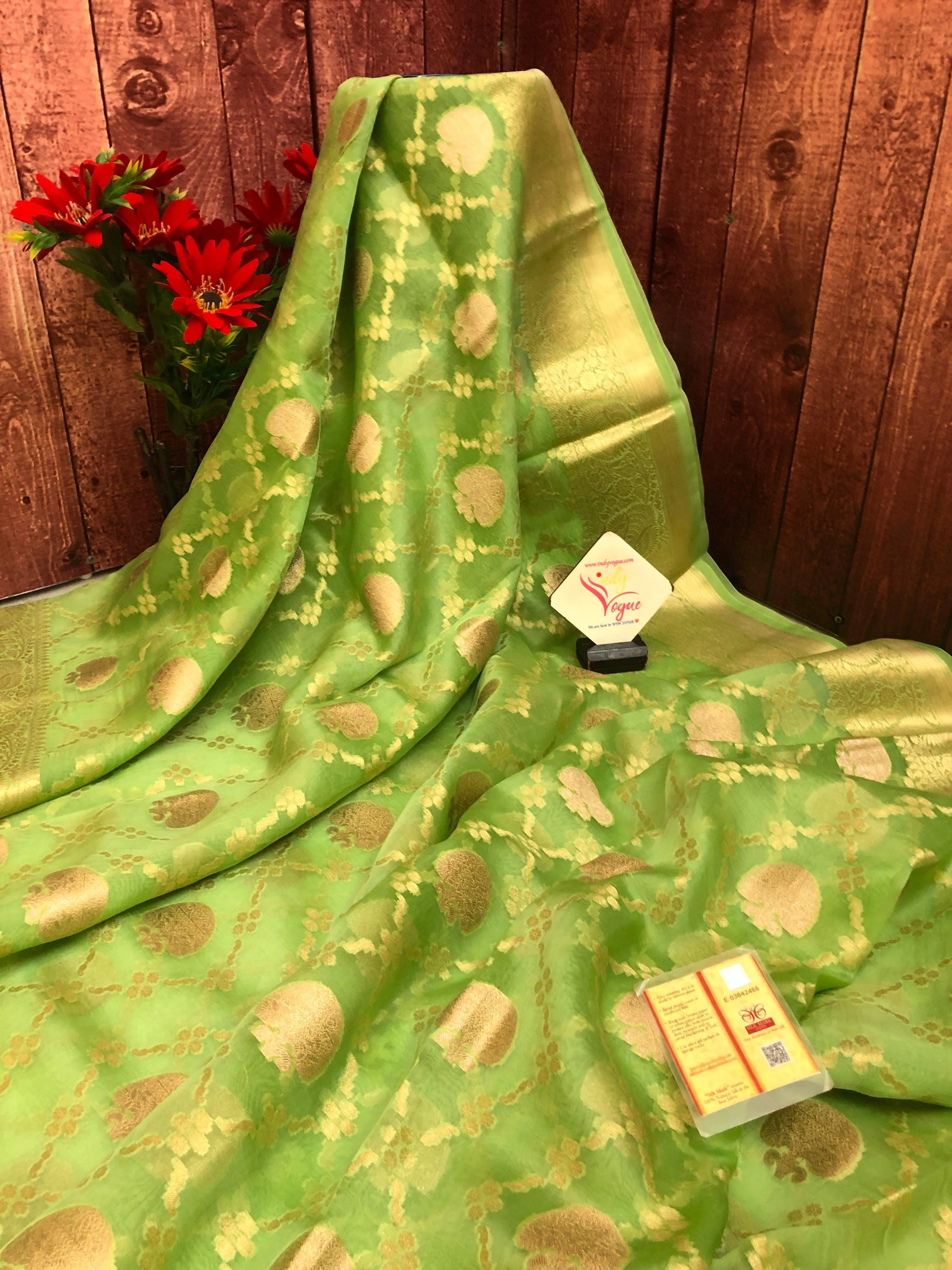 Green & Golden Color Kora Organza Saree