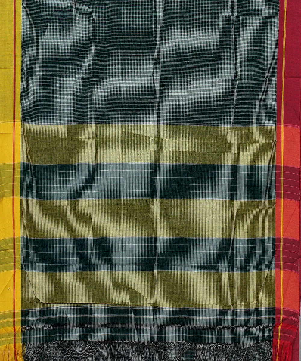 Green checks yellow red border handwoven patteda anchu cotton saree