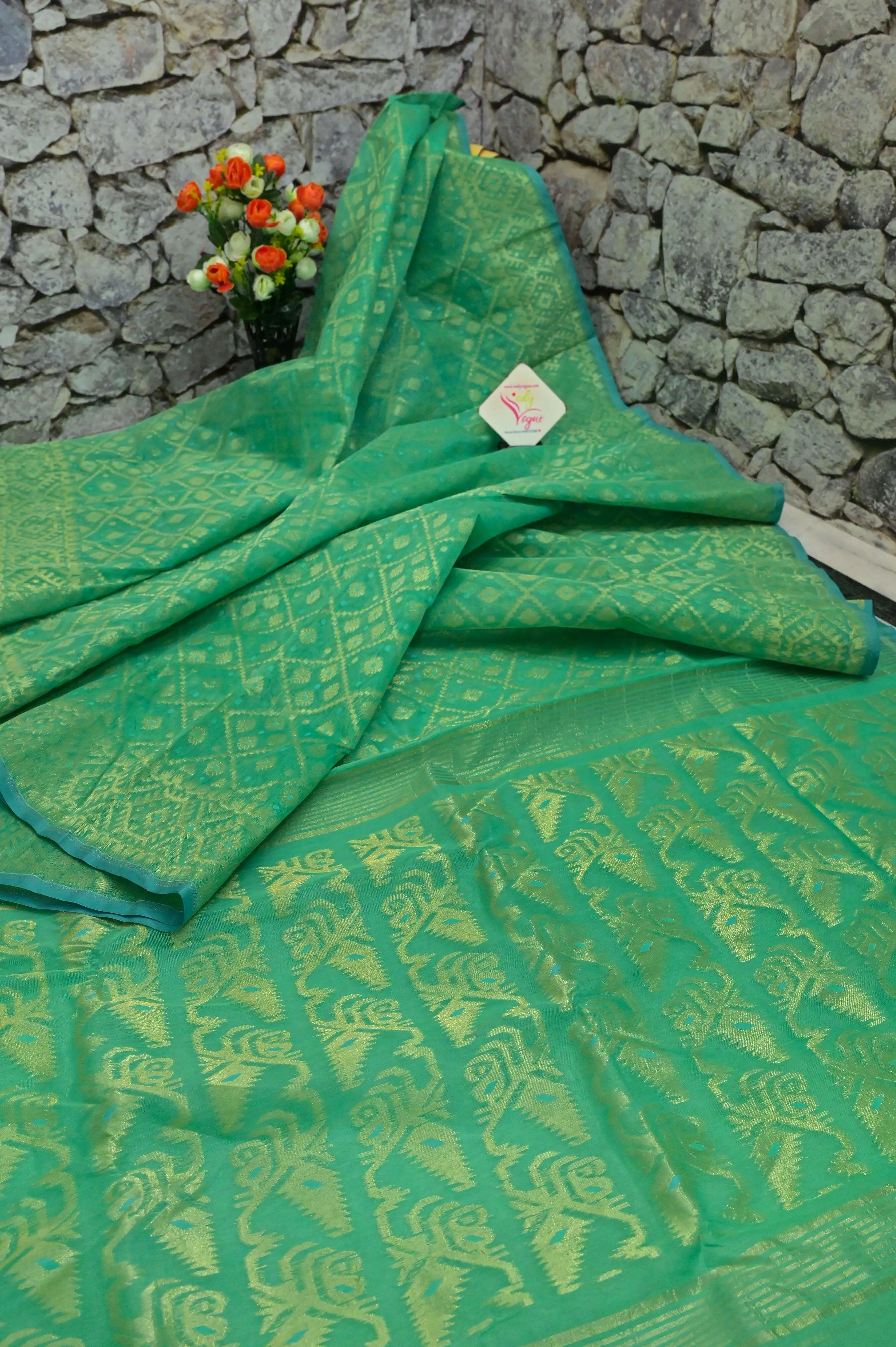 Green Color Jamdani Saree with Allover Resham Buti Work