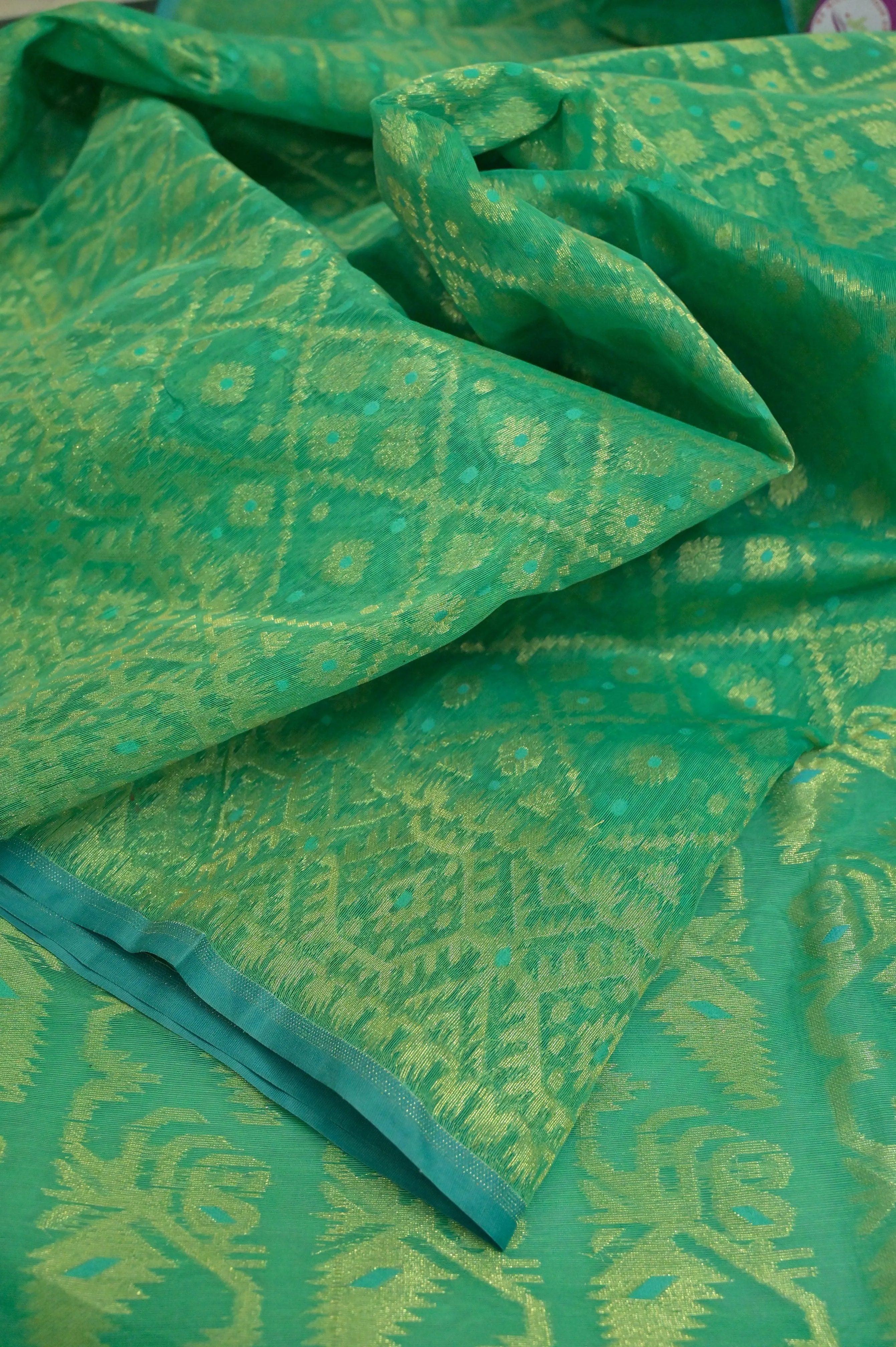 Green Color Jamdani Saree with Allover Resham Buti Work