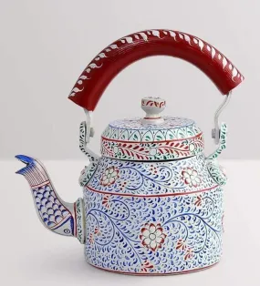 Hand Painted White and Blue Tea Pot in Aluminium