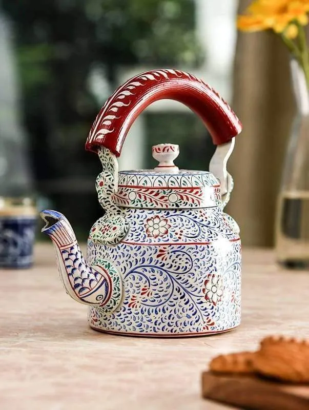 Hand Painted White and Blue Tea Pot in Aluminium