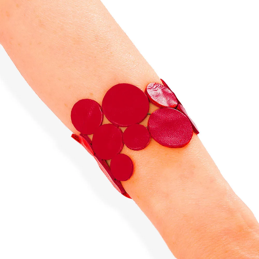 Handmade Leather Red Asymmetric Circles Bracelet