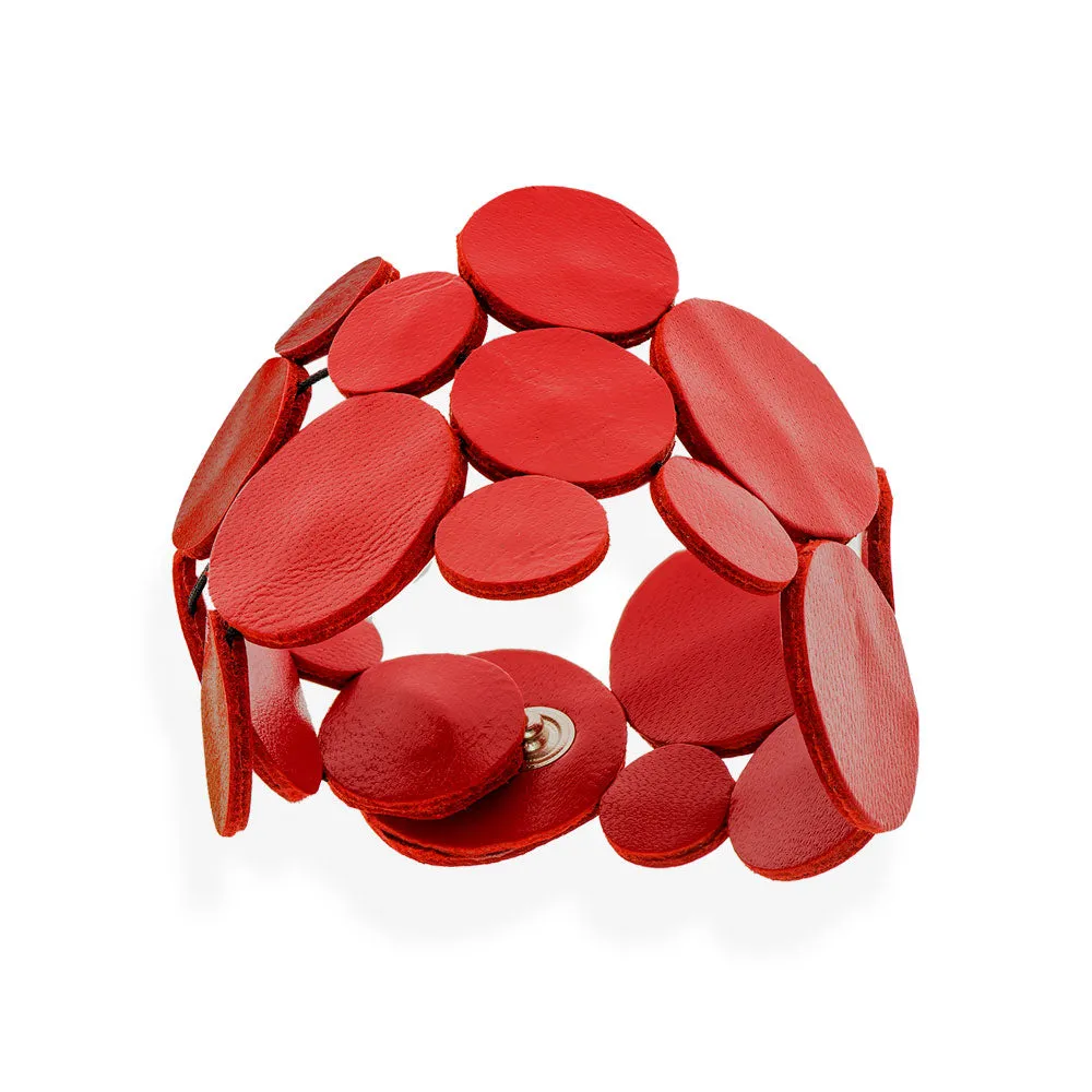 Handmade Leather Red Asymmetric Circles Bracelet