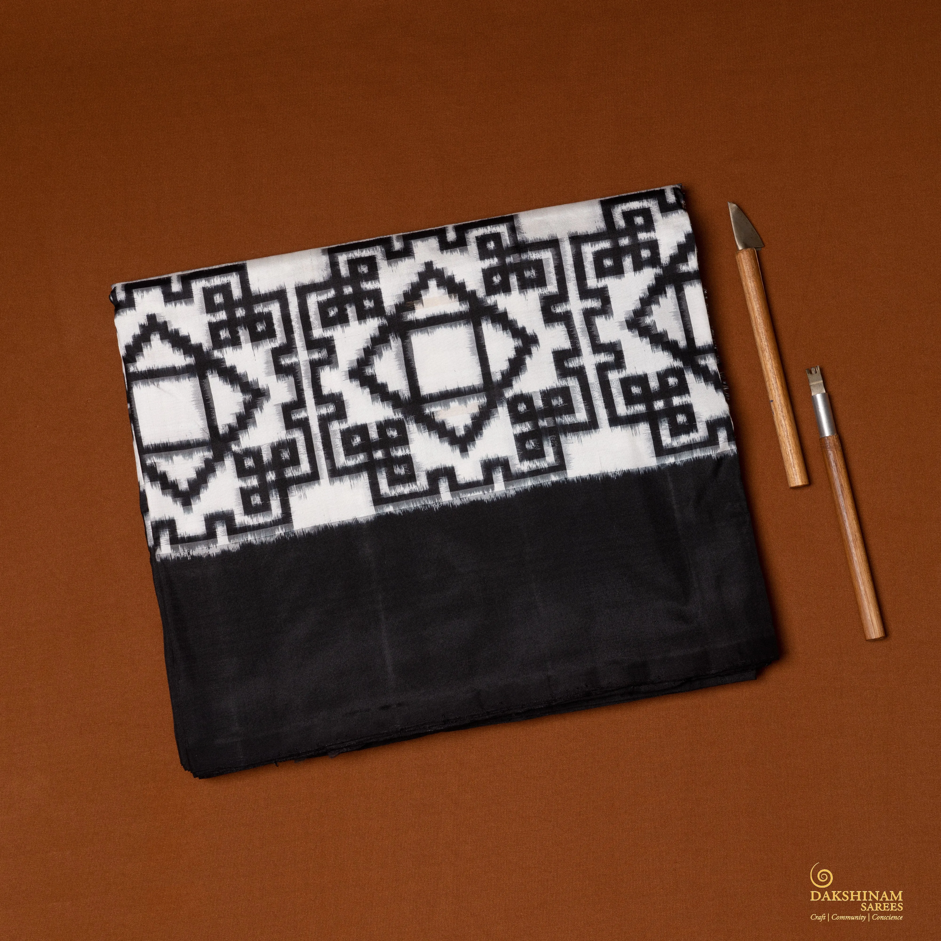 Handwoven Black with White Ikat Silk Saree - 2027T010100DSC