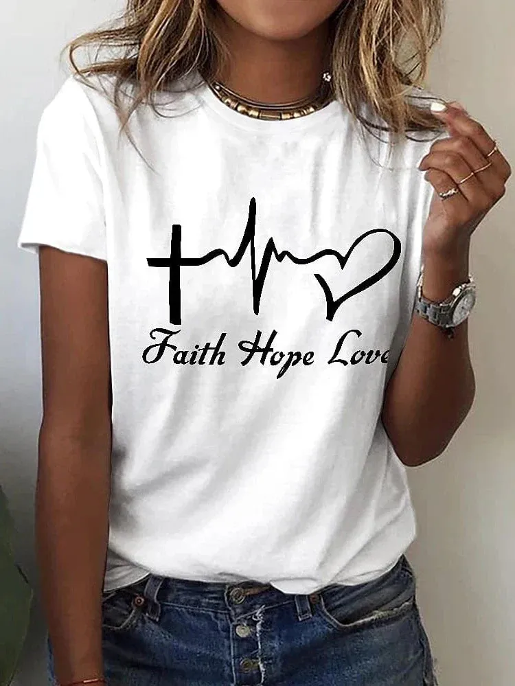 Heart Letter Print Women's Cotton Tee with Short Sleeves