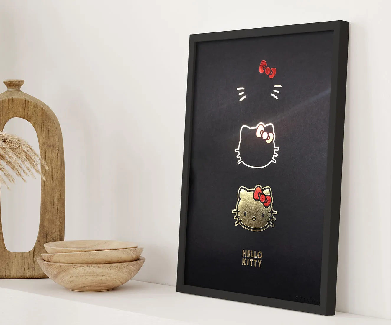 Hello Kitty Portrait Iconic Art Print Three Faces | Black White & Gold