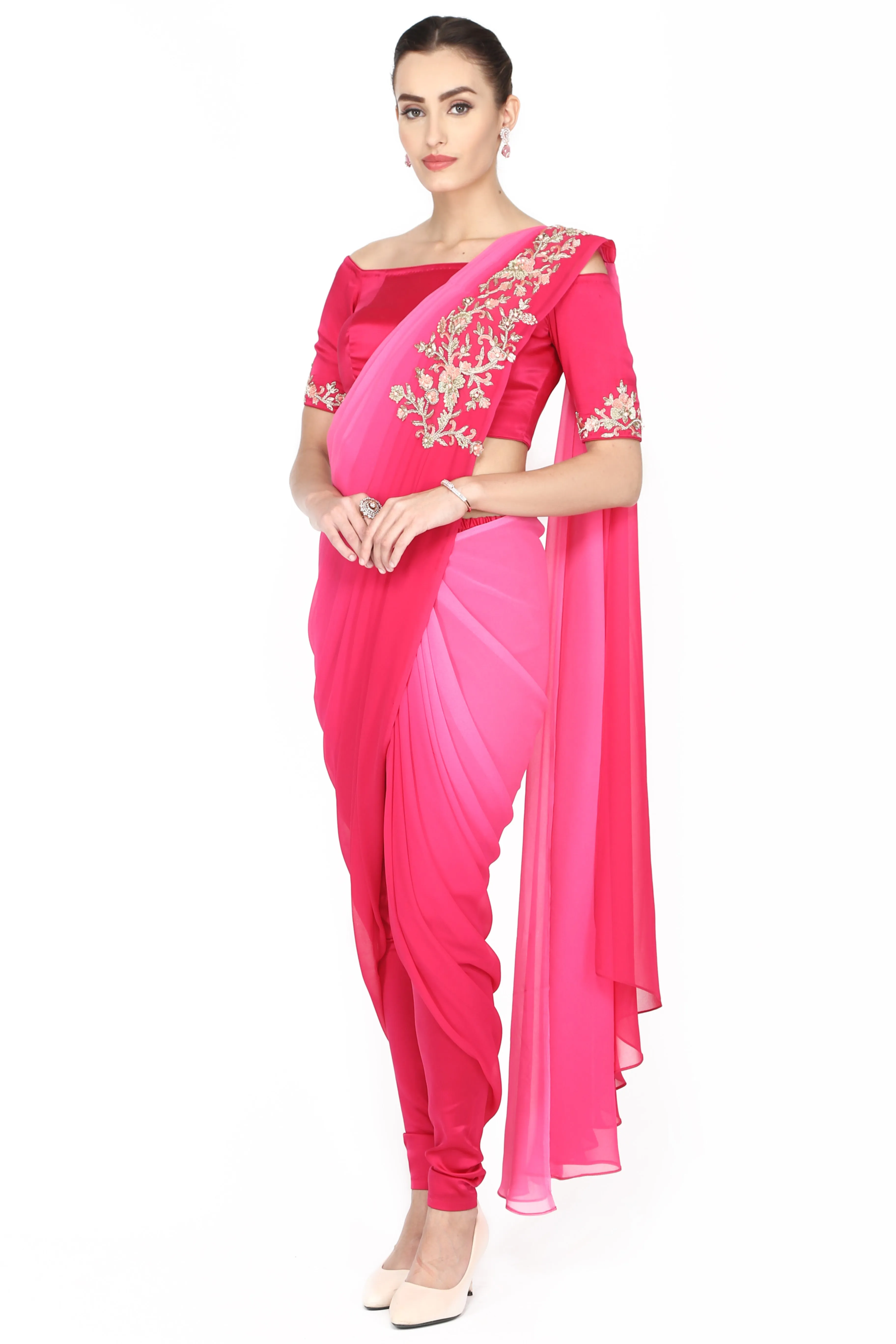 Indo-western ombre pink drape saree.