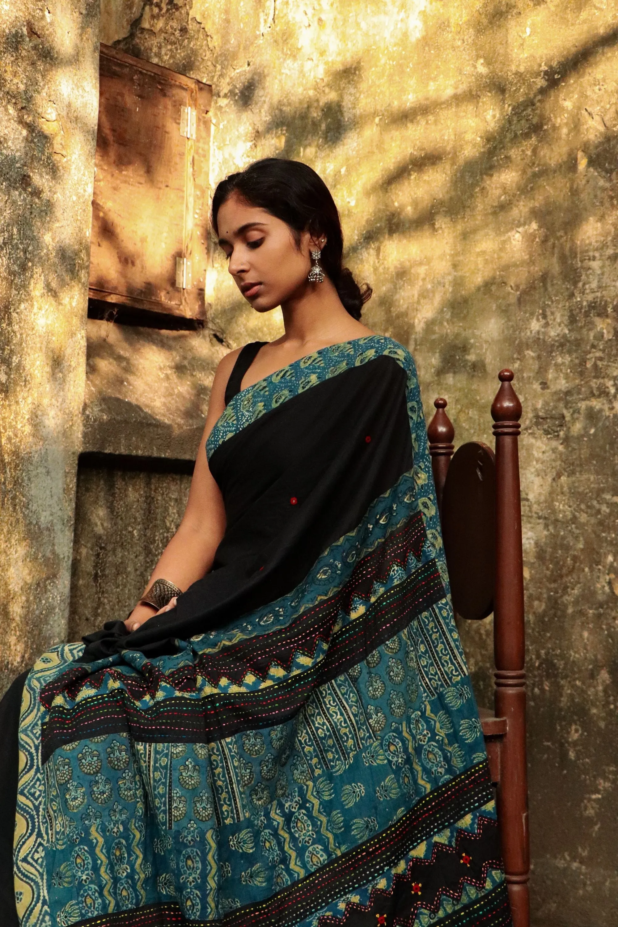 Jharokha -  Blue and Black Ajrakh handblockprinted patchwork Gudri Barmer saree