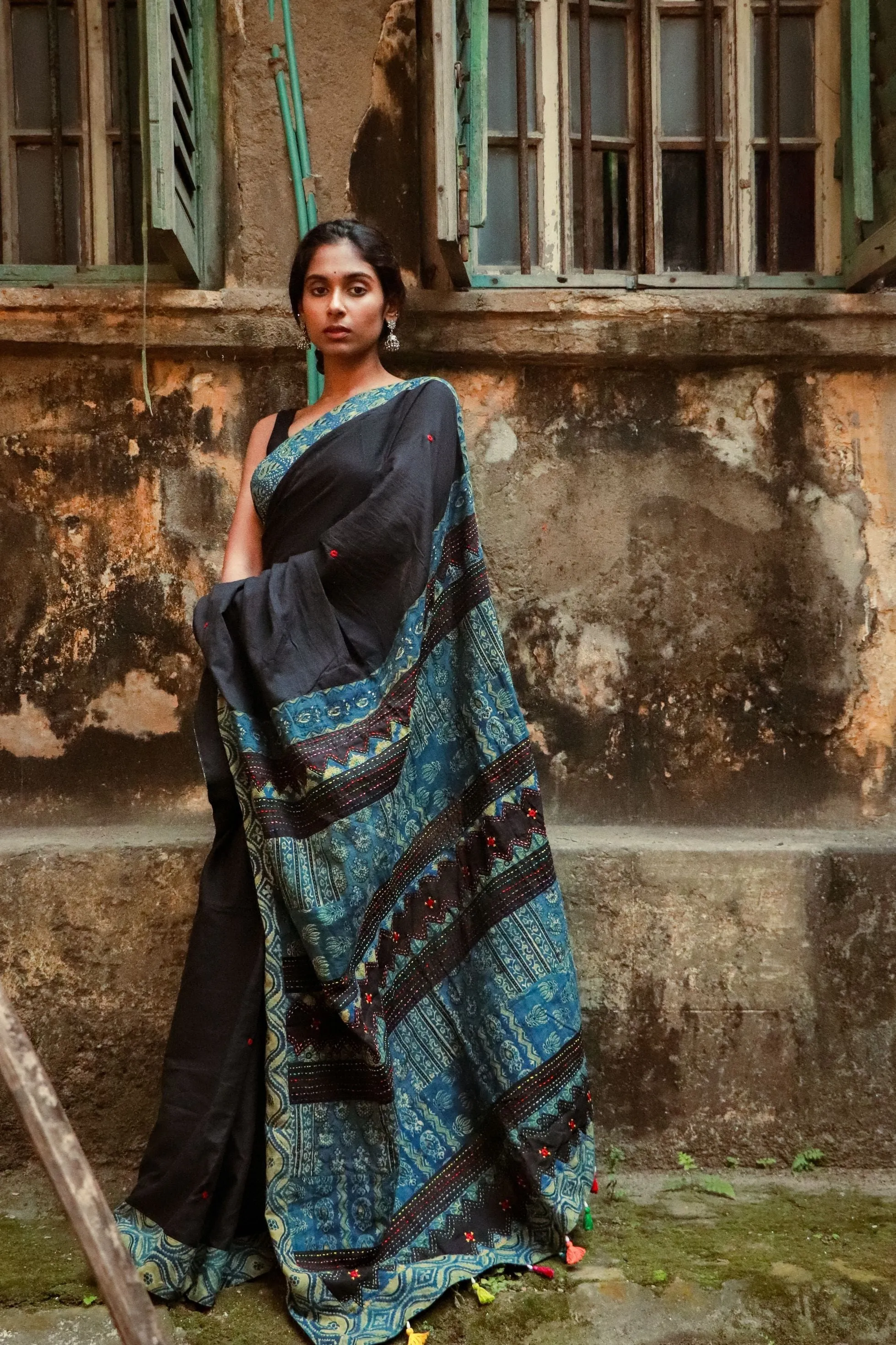 Jharokha -  Blue and Black Ajrakh handblockprinted patchwork Gudri Barmer saree