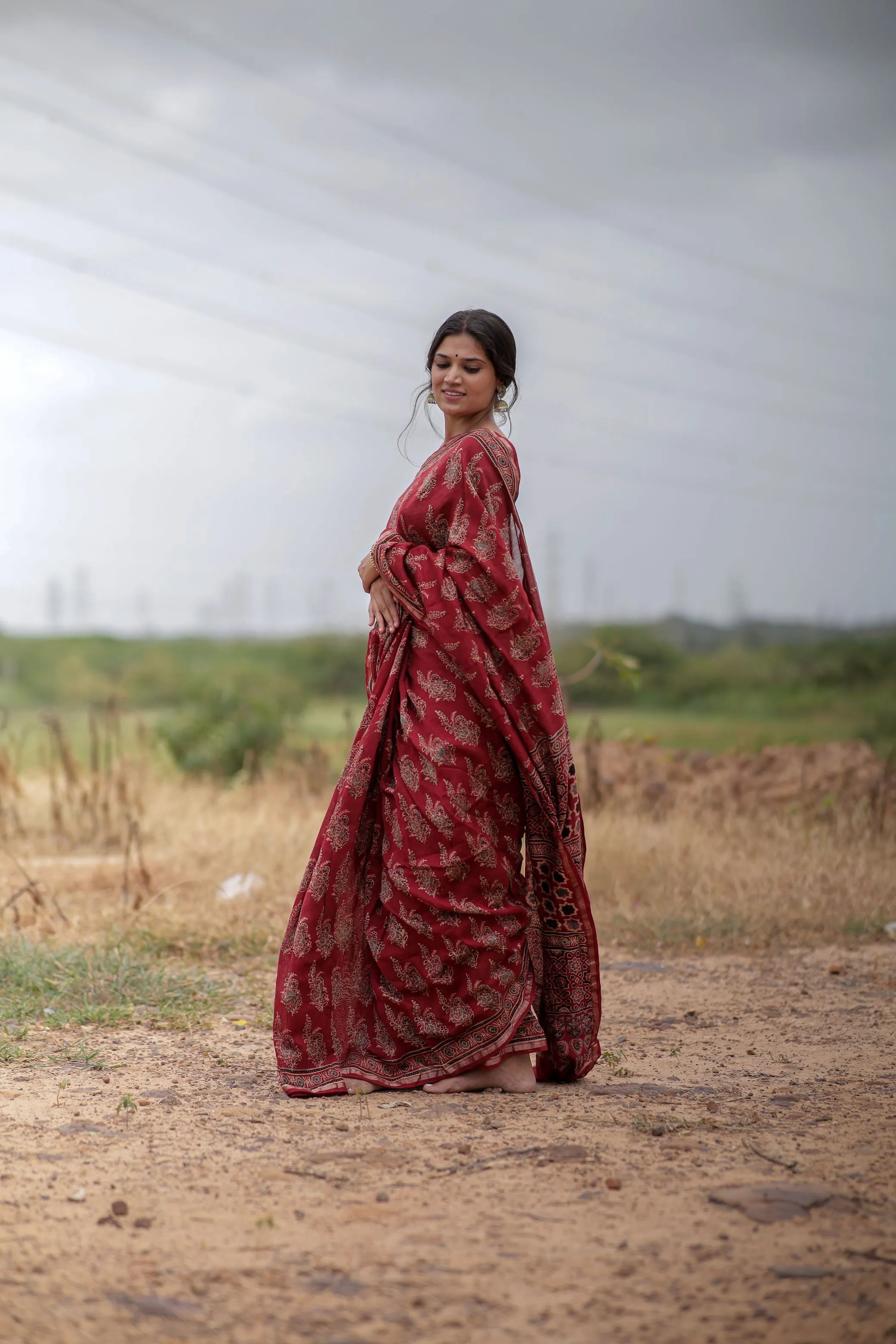 Jharokha -Red Mughal boota floral silk cotton Ajrakh handblockprinted saree